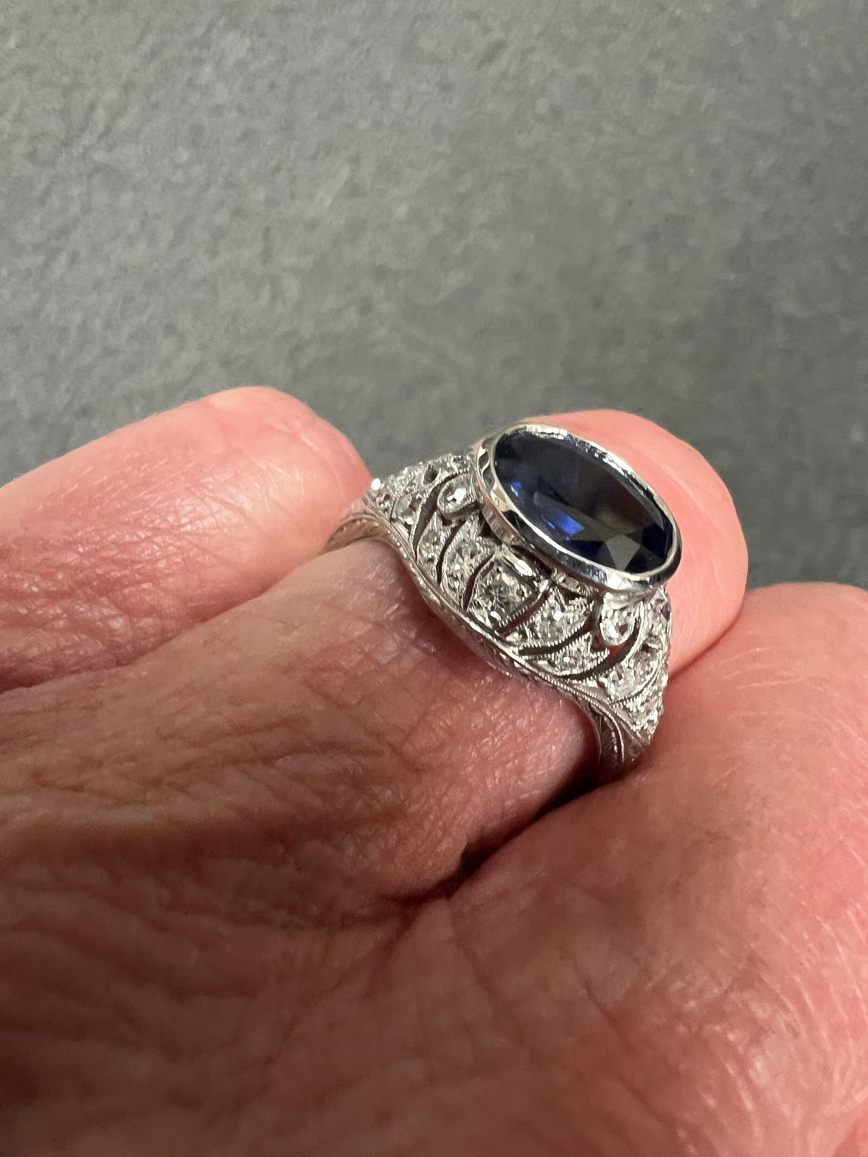 Women's or Men's 1930s Art Deco Sapphire Diamond Platinum Engagement Ring Size 8.5 For Sale