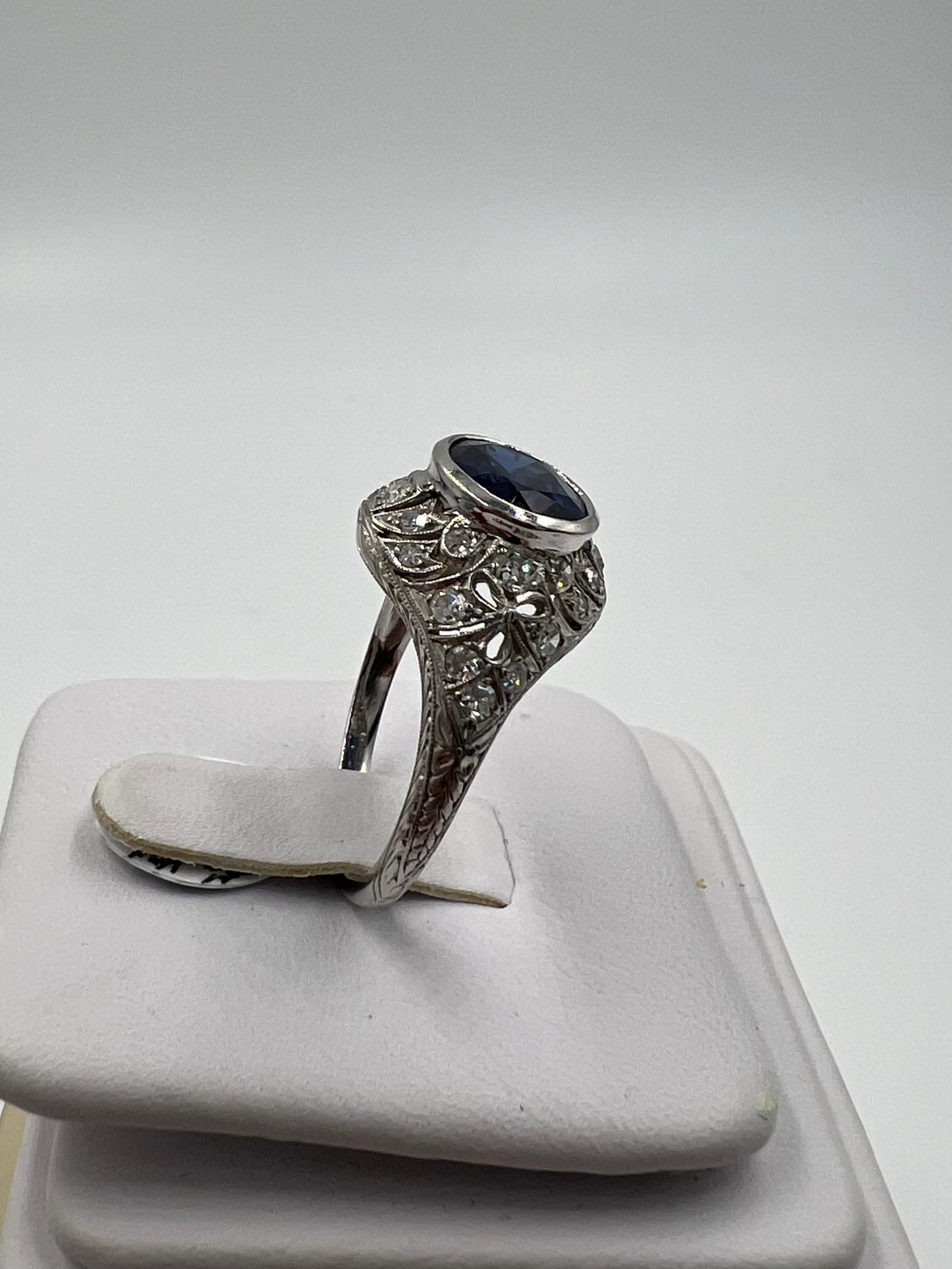 1930s Art Deco Sapphire Diamond Platinum Engagement Ring Size 8.5 For Sale 2