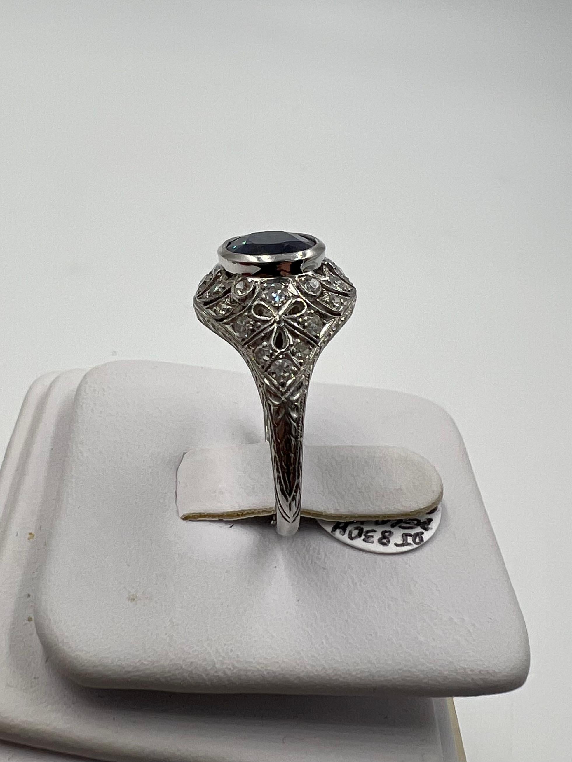 1930s Art Deco Sapphire Diamond Platinum Engagement Ring Size 8.5 For Sale 3
