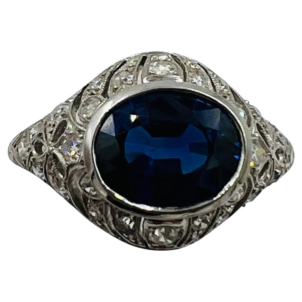 1930s Art Deco Sapphire Diamond Platinum Engagement Ring Size 8.5