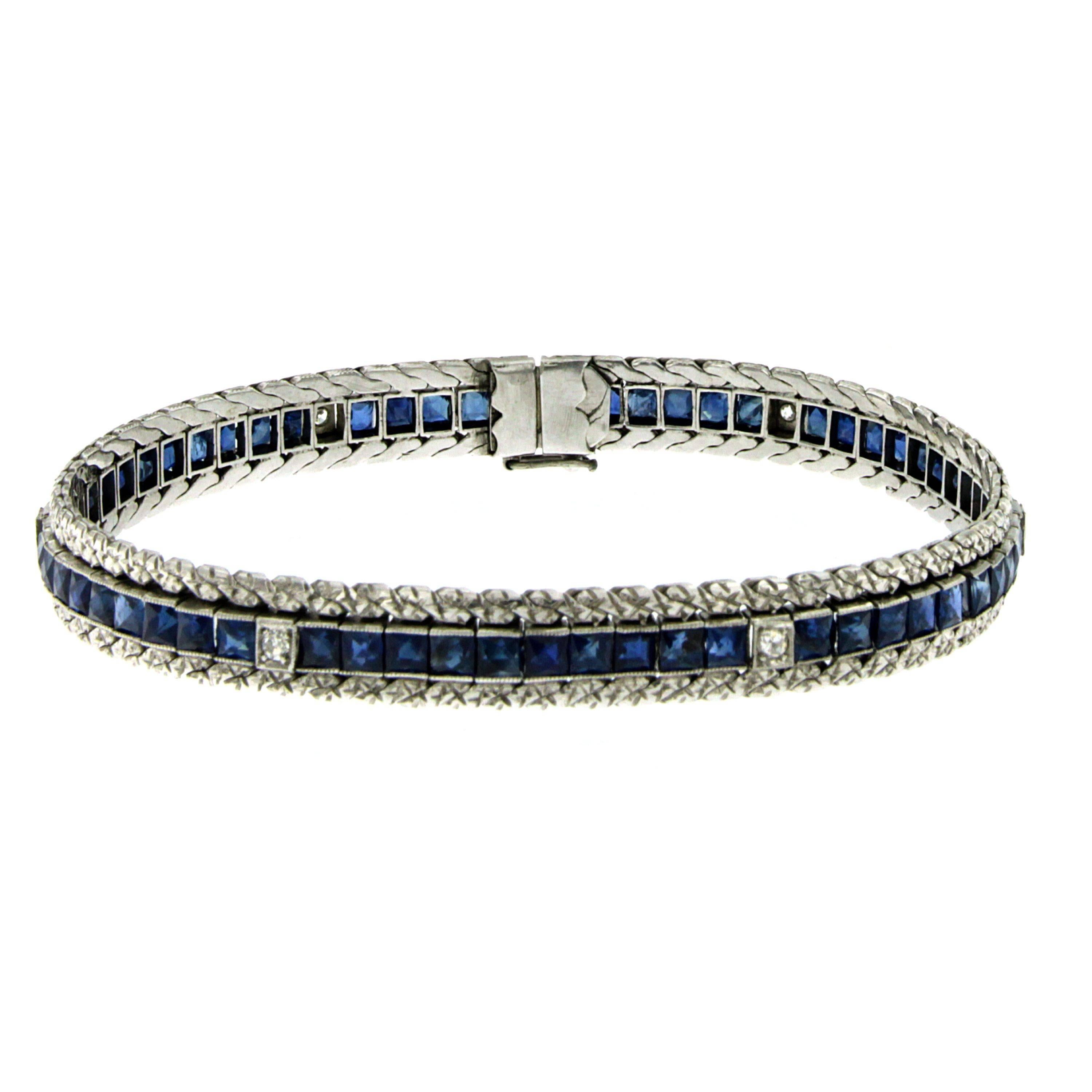 1930s Art Deco Sapphire Diamond Platinum Link Bracelet