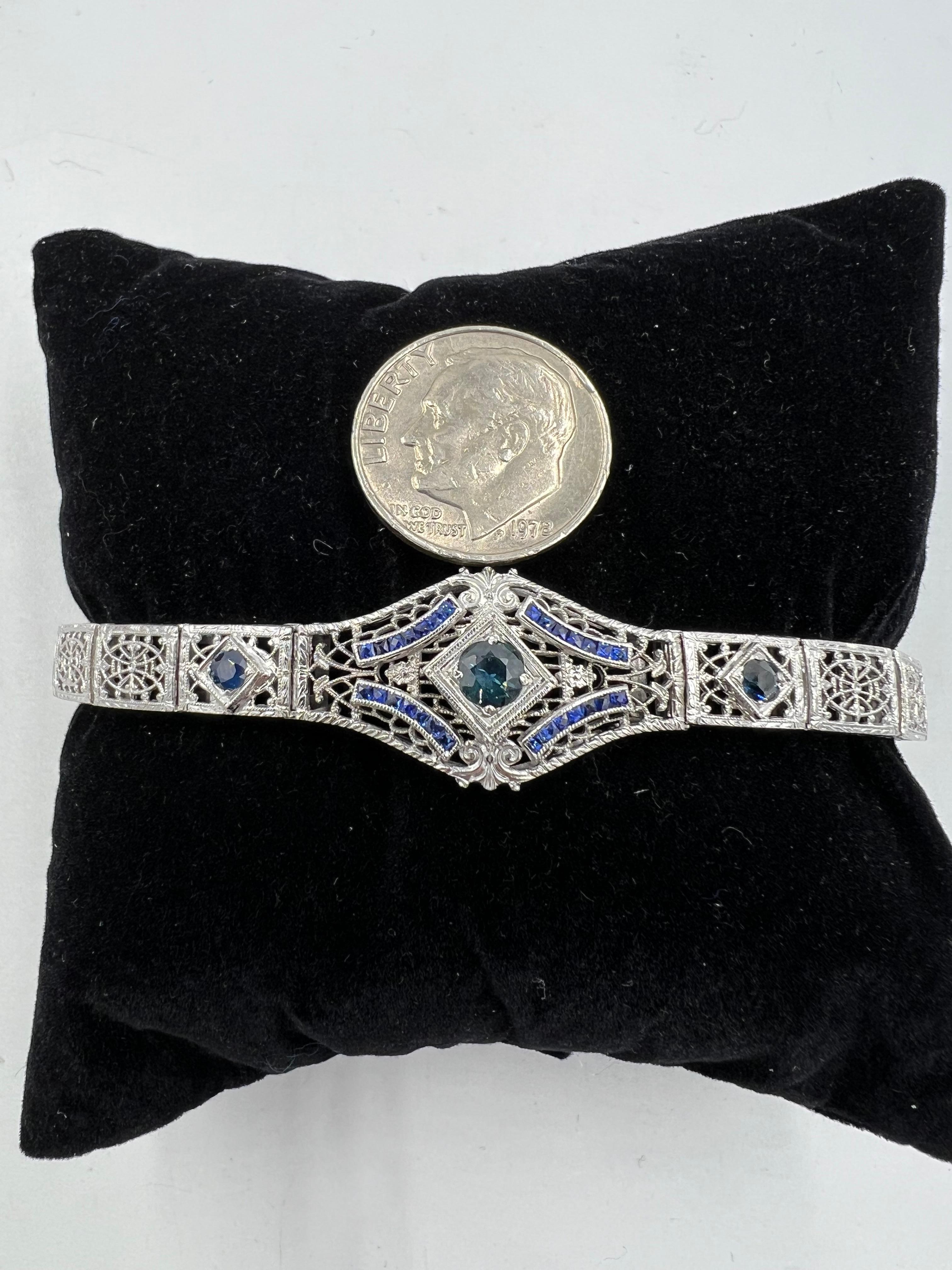 1930s Art Deco Sapphire Filigree White Gold Bracelet 5