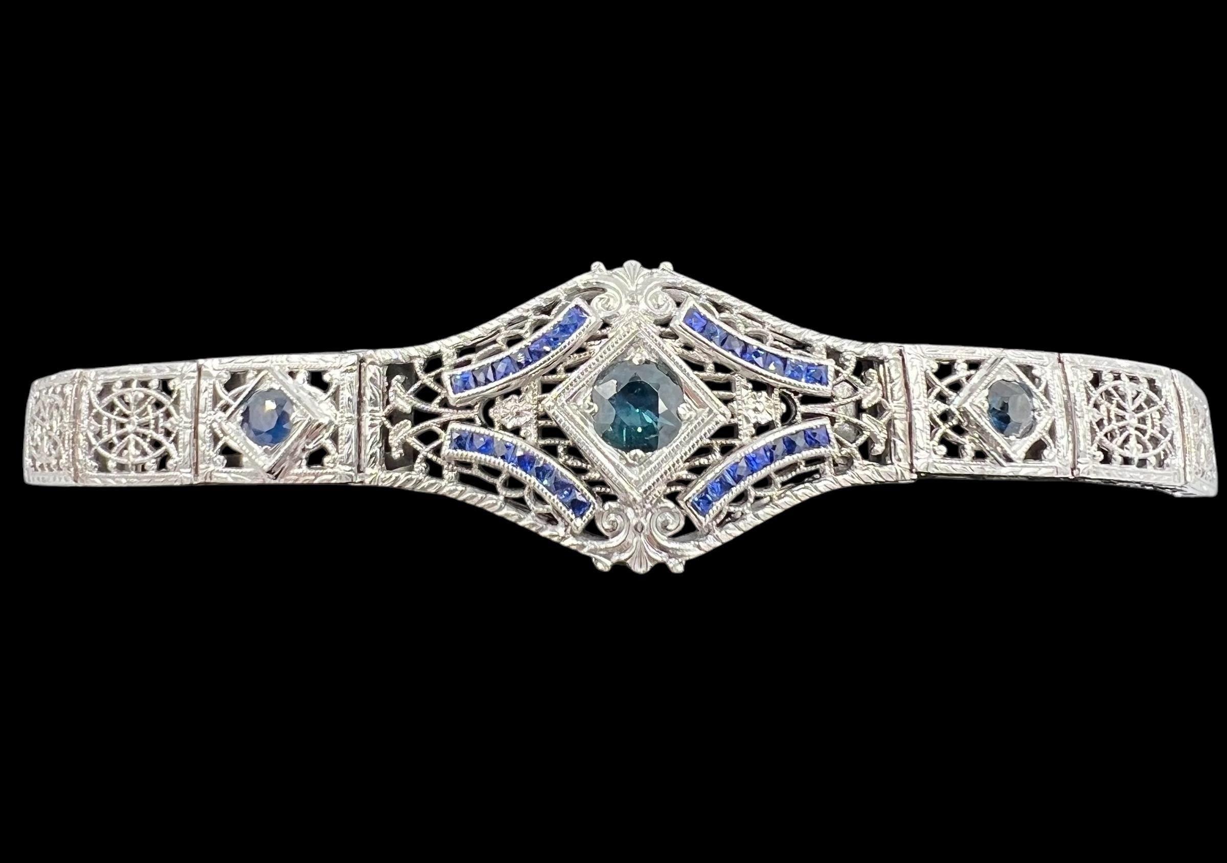 1930s Art Deco Sapphire Filigree White Gold Bracelet 1