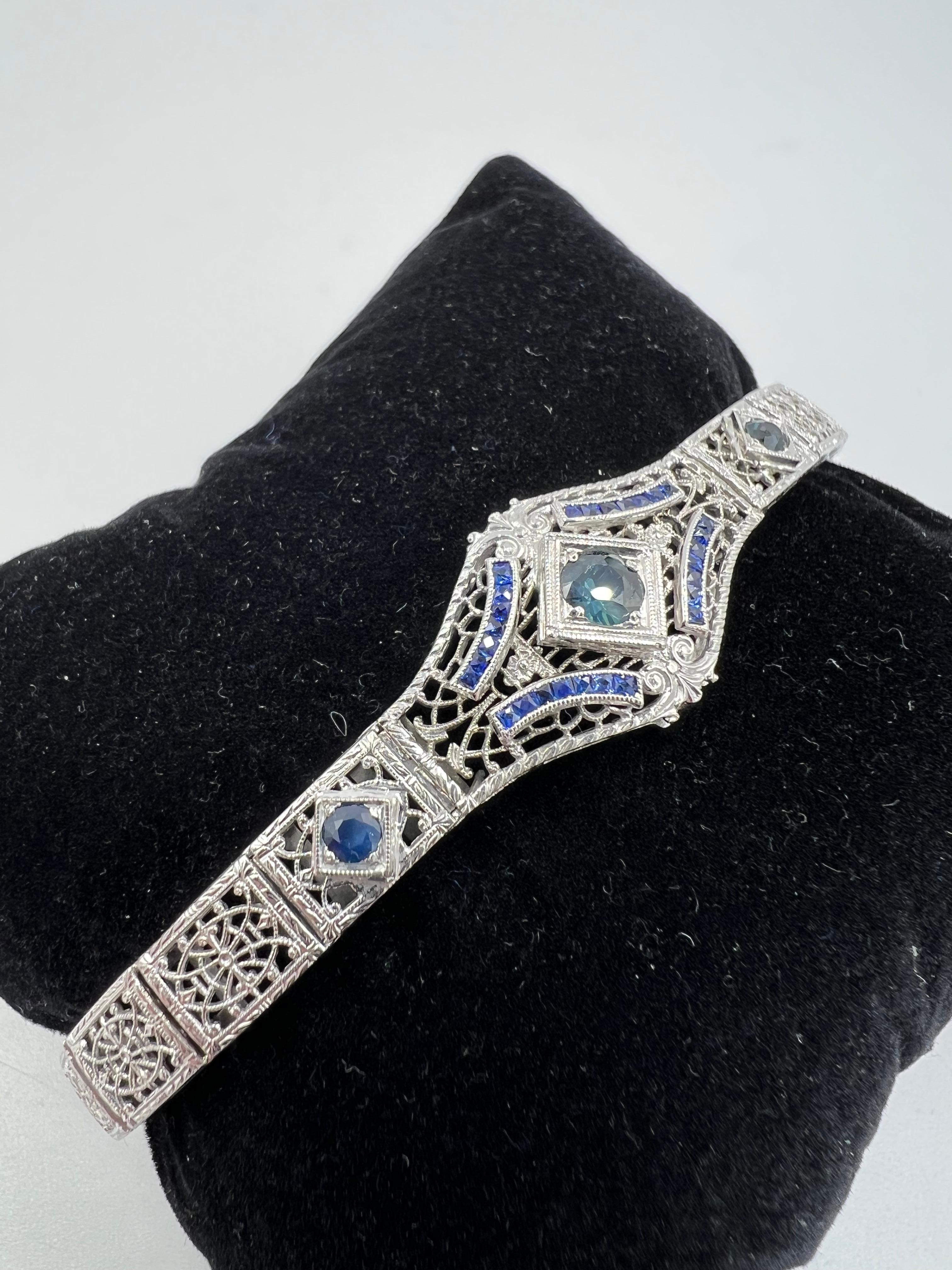 1930s Art Deco Sapphire Filigree White Gold Bracelet 3
