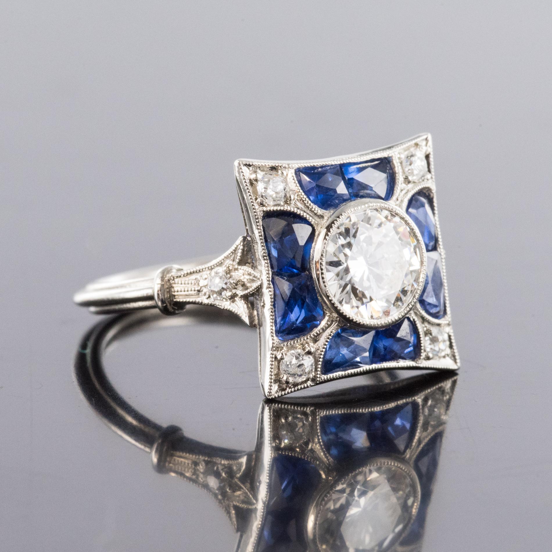 1930s Art Deco Sapphires Diamonds Platinum Ring In Excellent Condition In Poitiers, FR