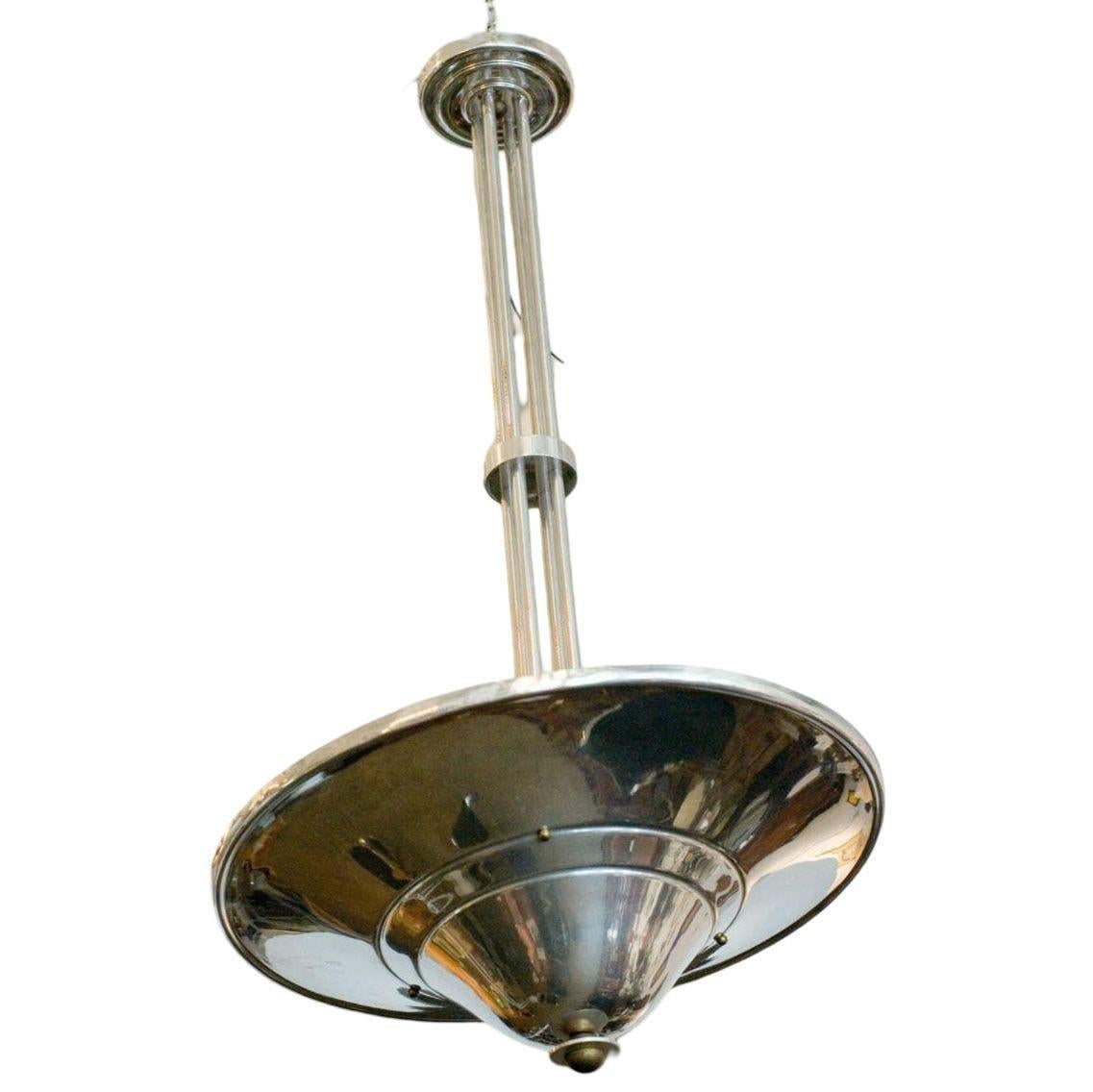 American Art Deco era chrome saucer ceiling lamp with bronze end cap and polished aluminum stem. The lamp was a 43