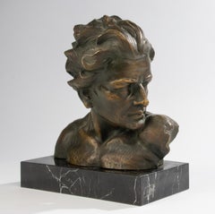 Escultura Art Decó de 1930 - Patinado verde y dorado - Busto Joven por Dommisse