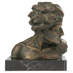 1930's Art Deco Sculpture - Green and Gold Patinate - Bust Young Man by Dommisse