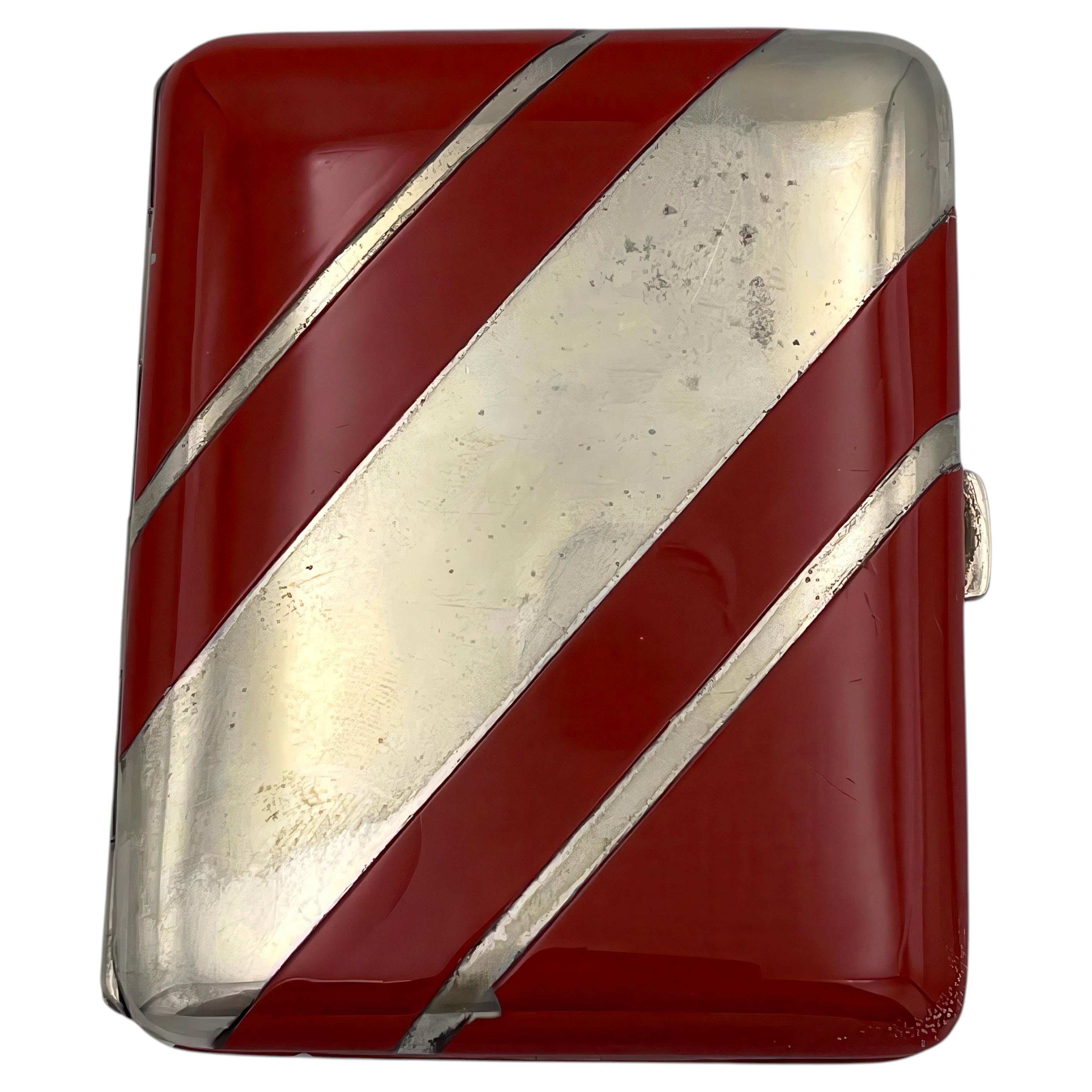 1930's Art Deco Silver Plate and Enamel Burgundy Red Cigarette Case, Unsigned