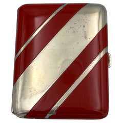 1930's Art Deco Silver Plate and Enamel Burgundy Red Cigarette Case, Unsigned