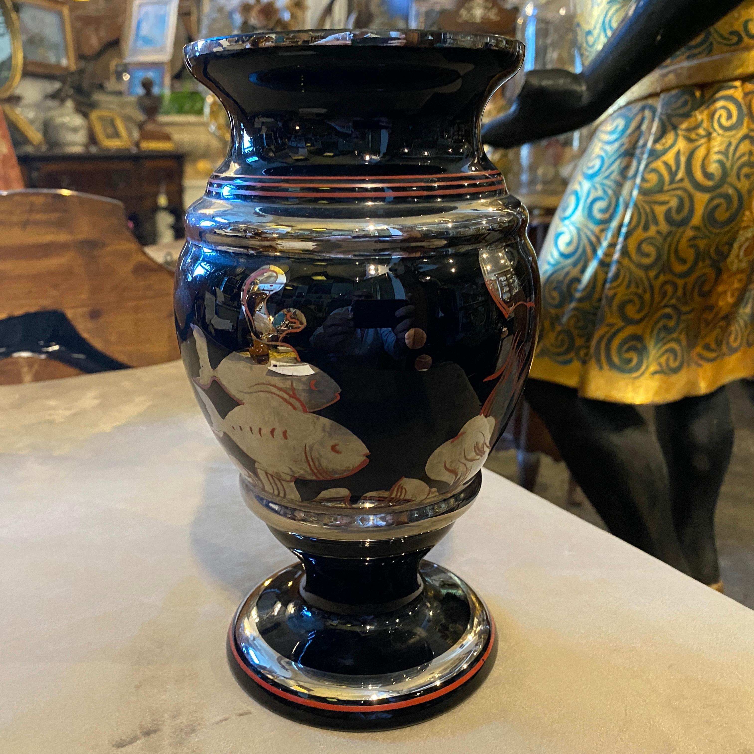 1930s Art Deco Sterling Silver and Black Glass Italian Vase For Sale 5