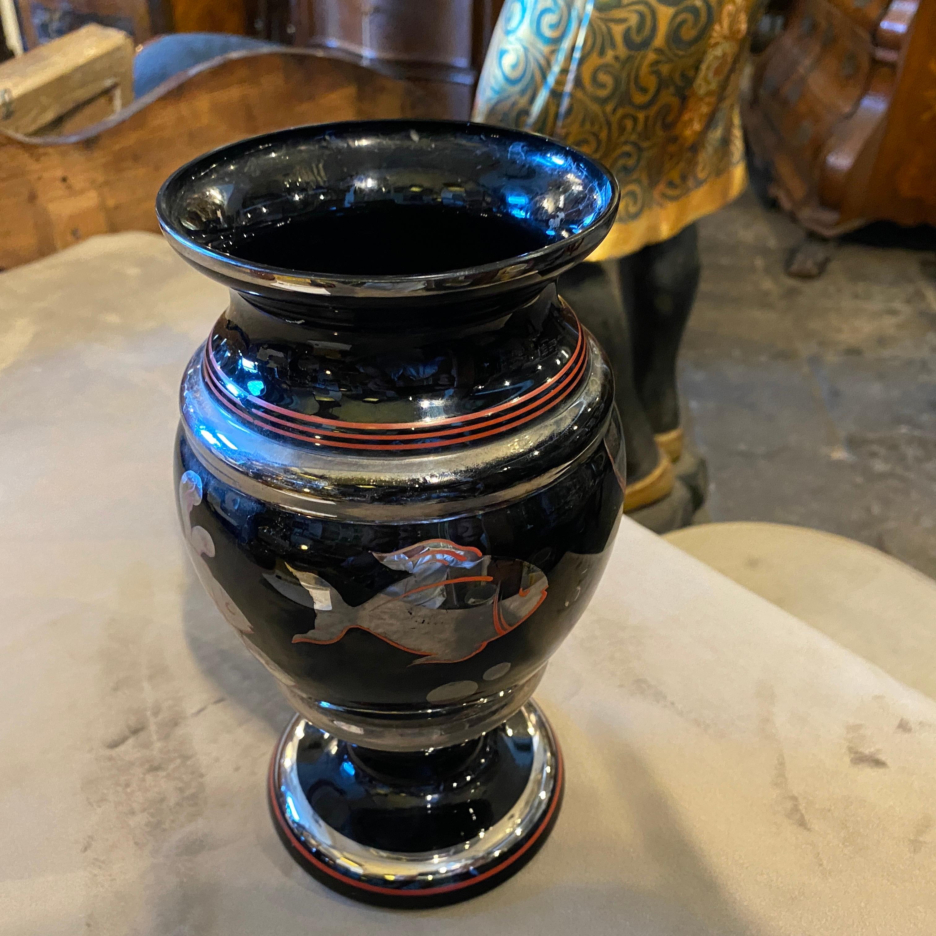 1930s Art Deco Sterling Silver and Black Glass Italian Vase In Good Condition For Sale In Aci Castello, IT