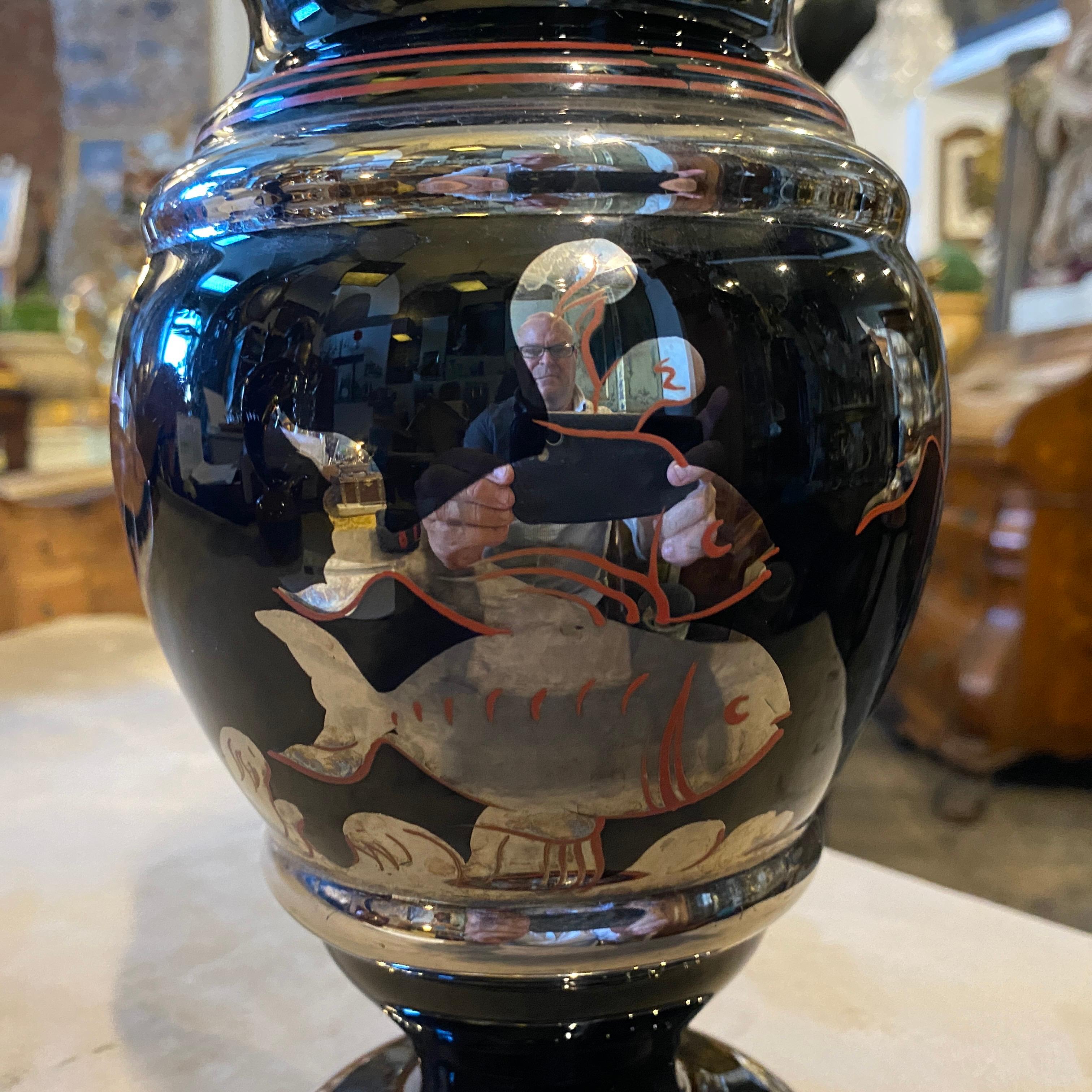 20ième siècle Vase italien en verre noir argenté Art Déco des années 1930 en vente