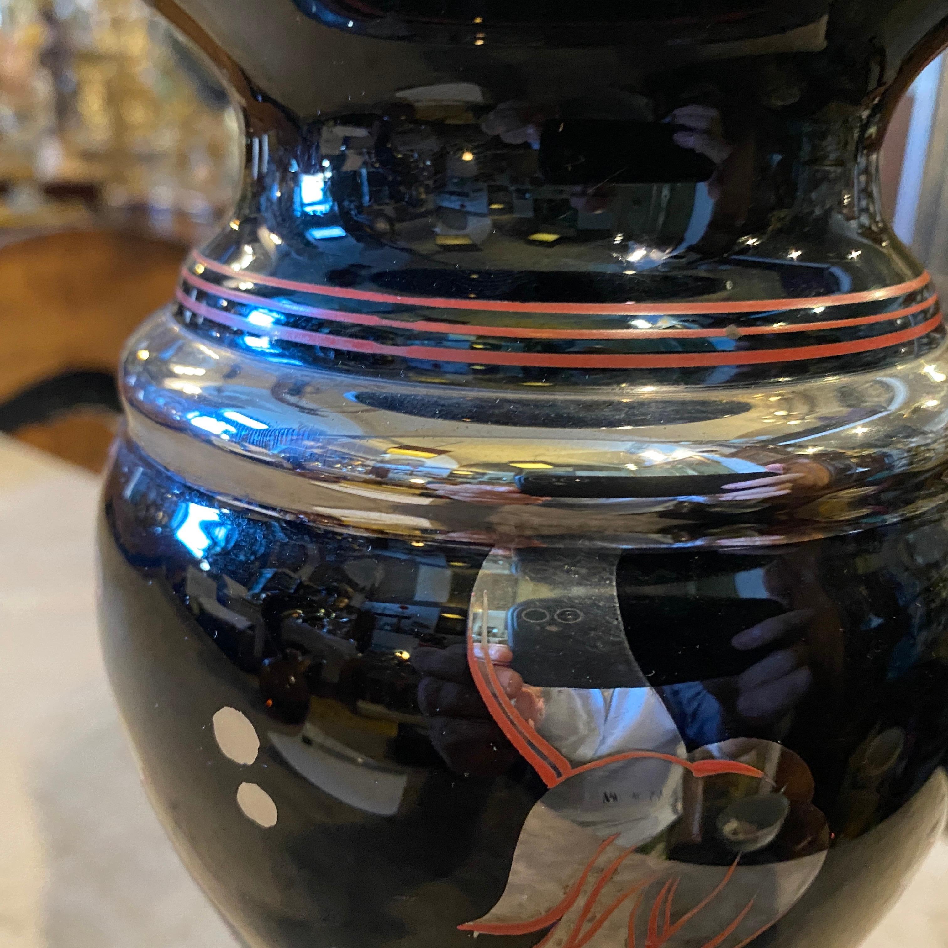Italienische Vase aus versilbertem schwarzem Glas im Art déco-Stil aus den 1930er Jahren im Angebot 1