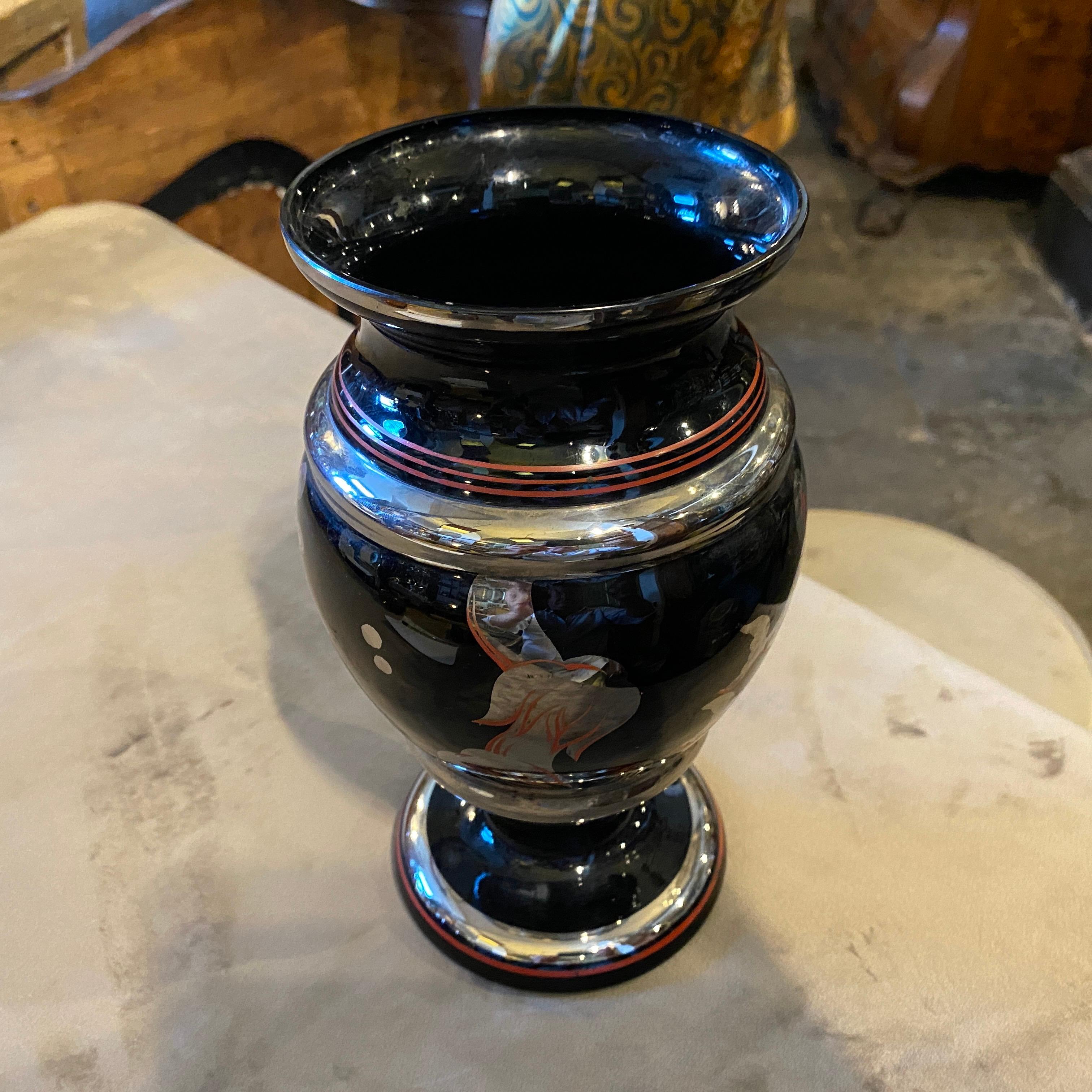 1930s Art Deco Sterling Silver and Black Glass Italian Vase For Sale 2
