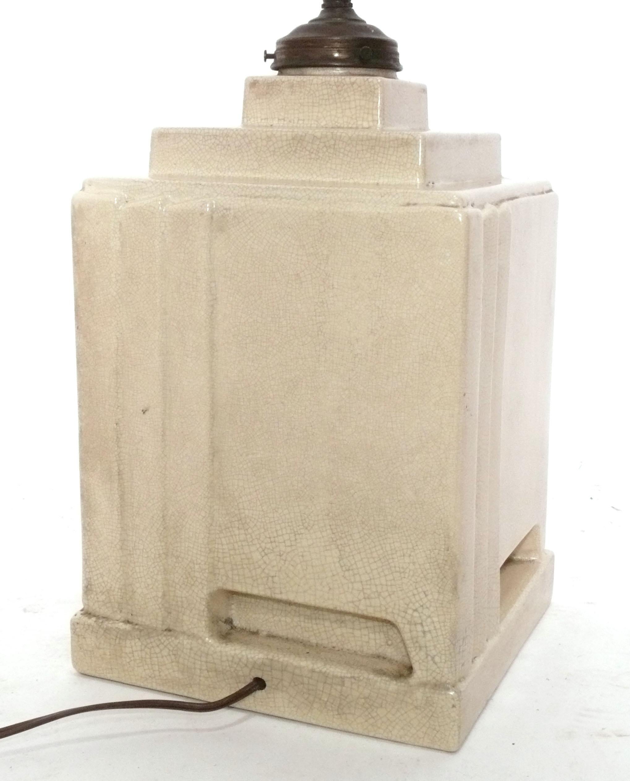 Mid-20th Century 1930s Art Deco Skyscraper Form Ceramic Lamp by NIMY of Belgium For Sale