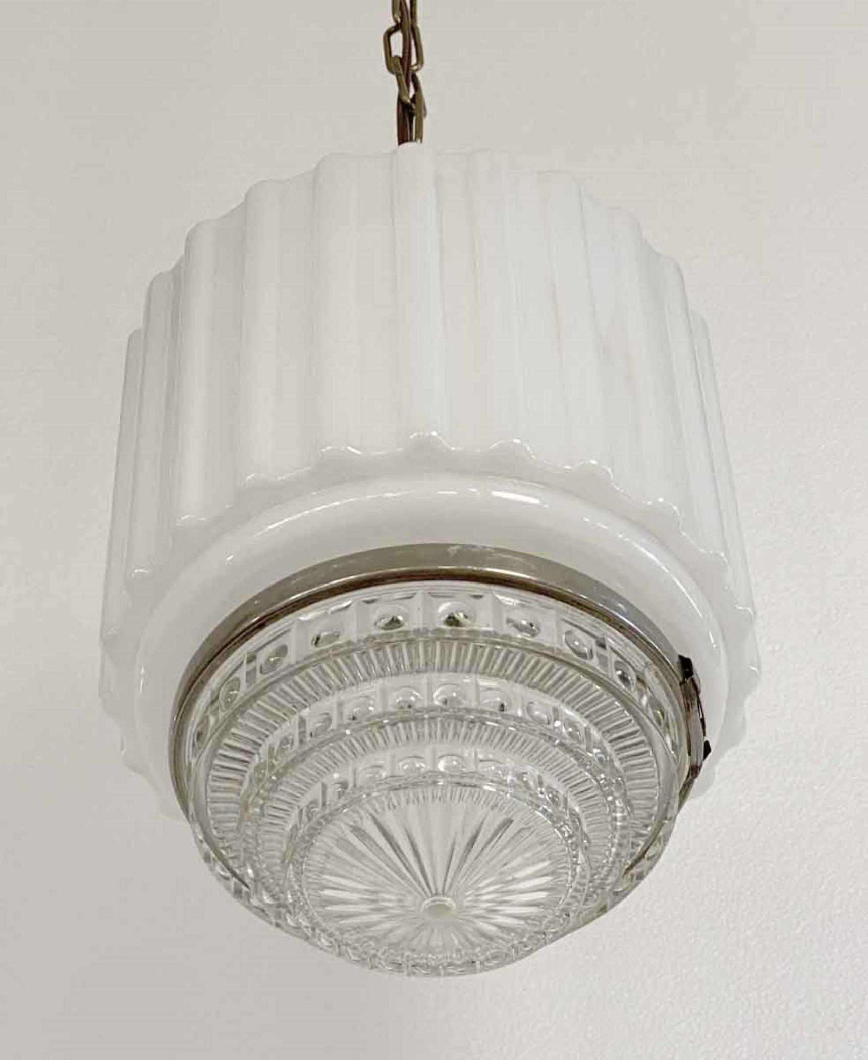 American 1930s Art Deco Skyscraper Pendant Light with Translucent and Clear Cast Glass