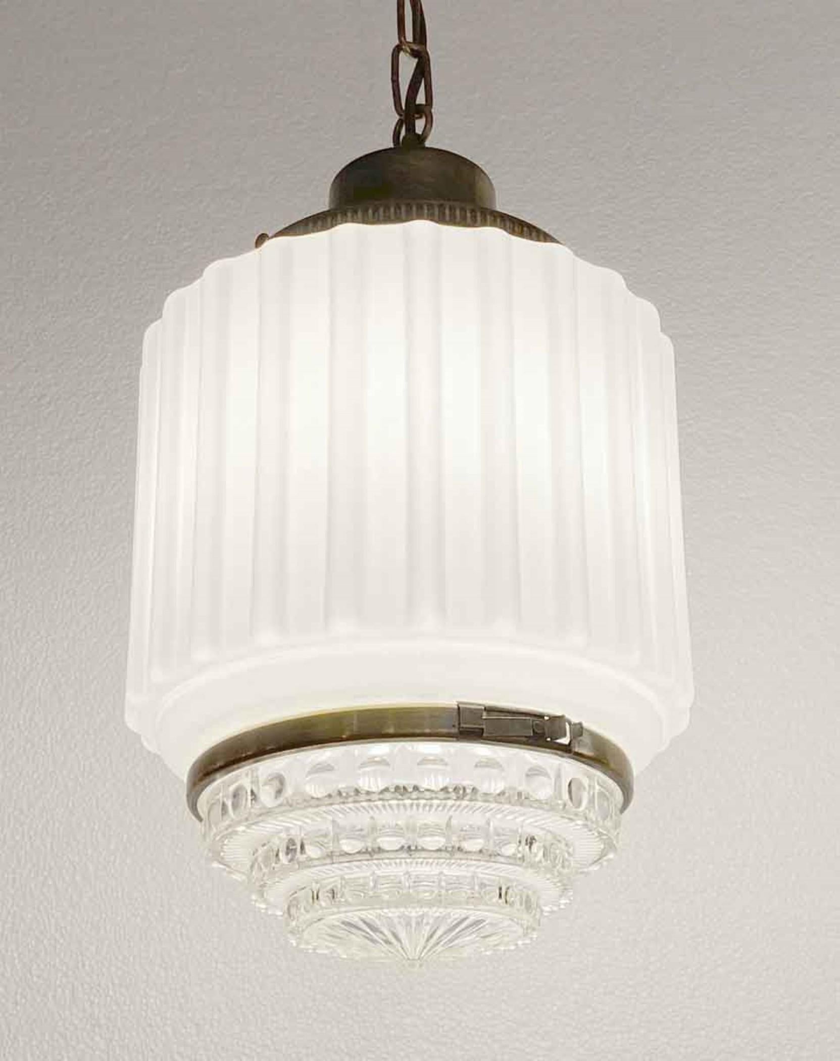 20th Century 1930s Art Deco Skyscraper Pendant Light with Translucent and Clear Cast Glass