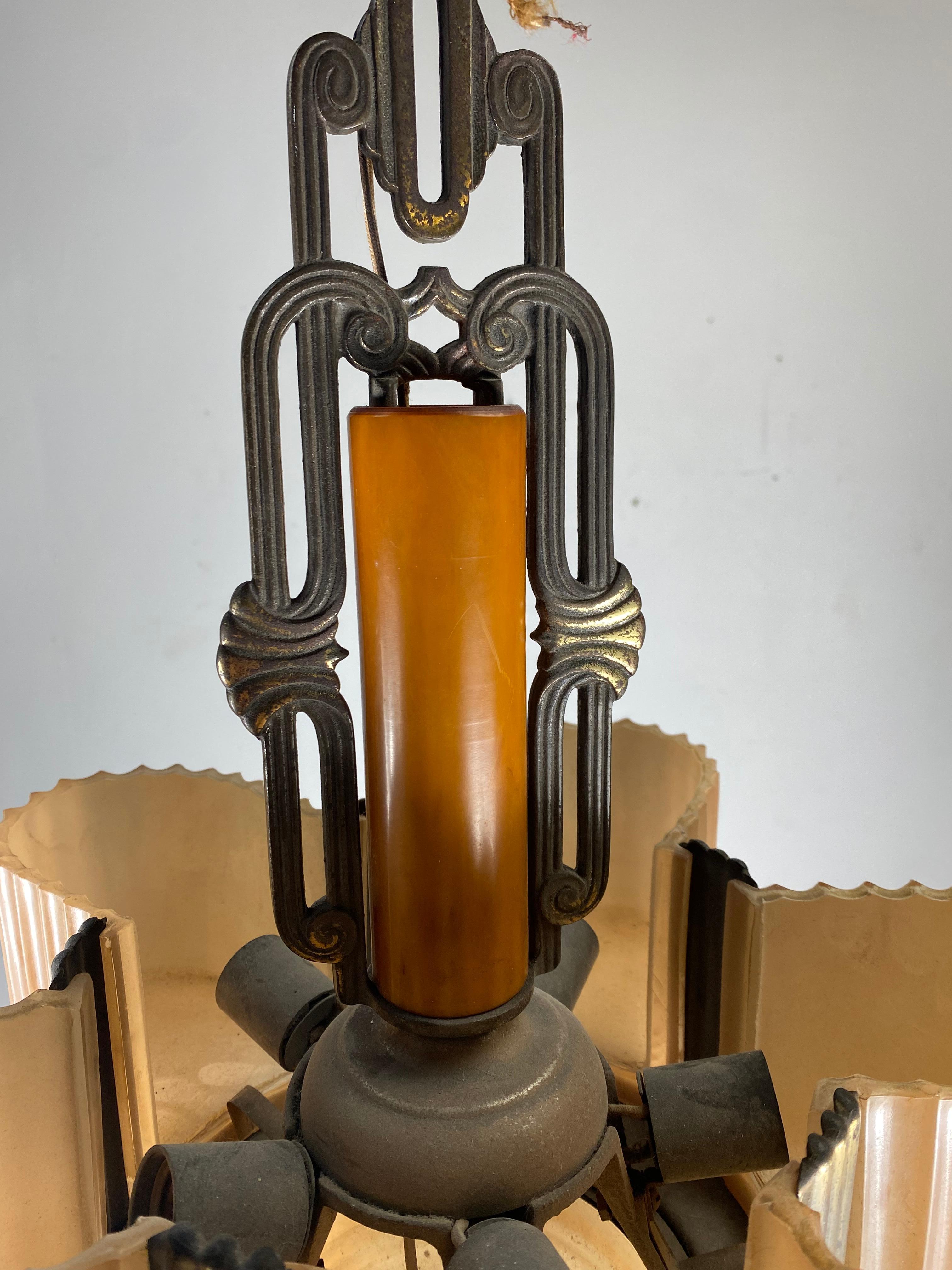 1930's Art Deco Slip Shade and Bakelite Pendant Chandelier In Good Condition In Buffalo, NY