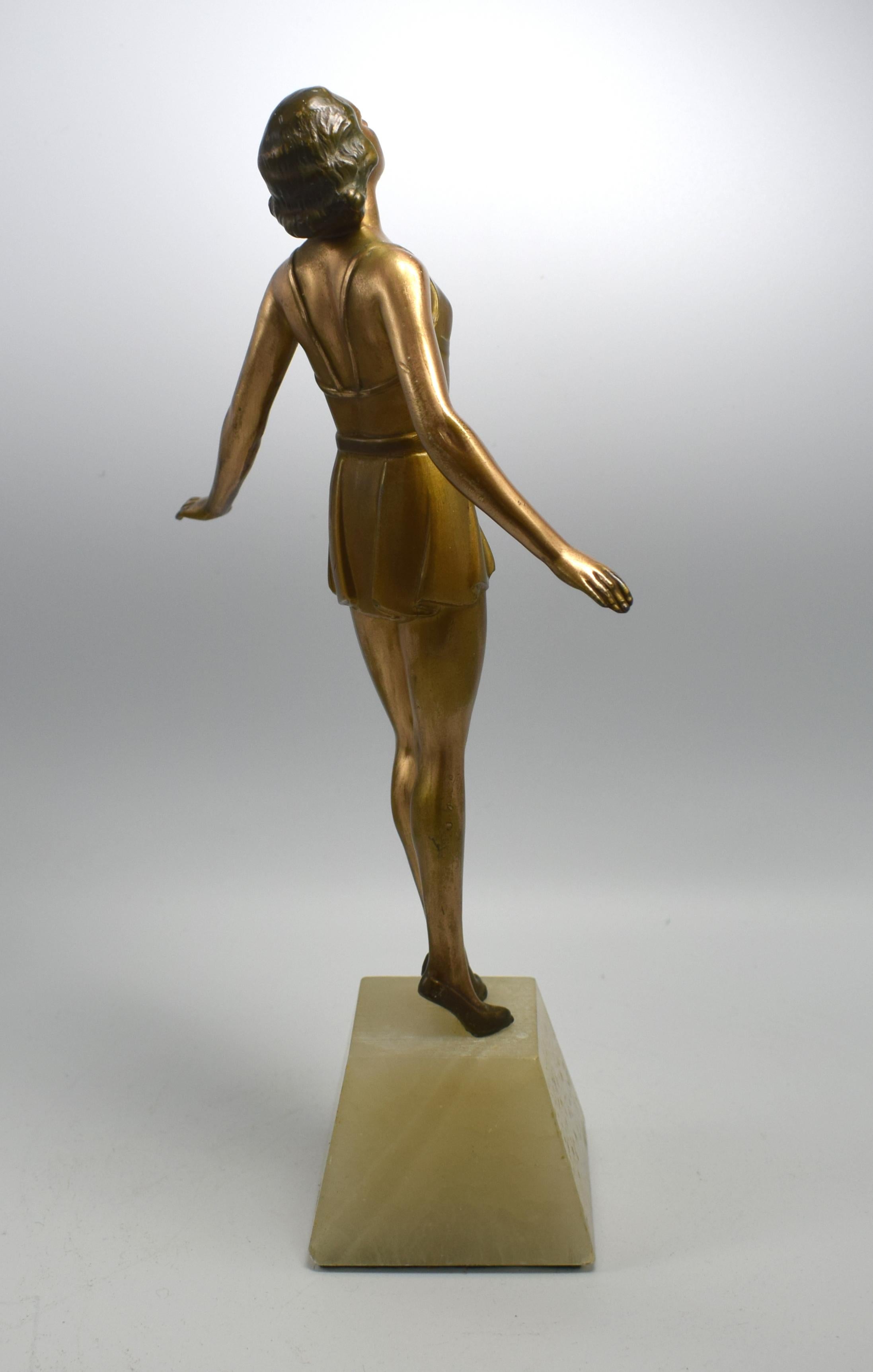 1930s Art Deco Spelter Figural Lady on Alabaster Base In Good Condition In Devon, England