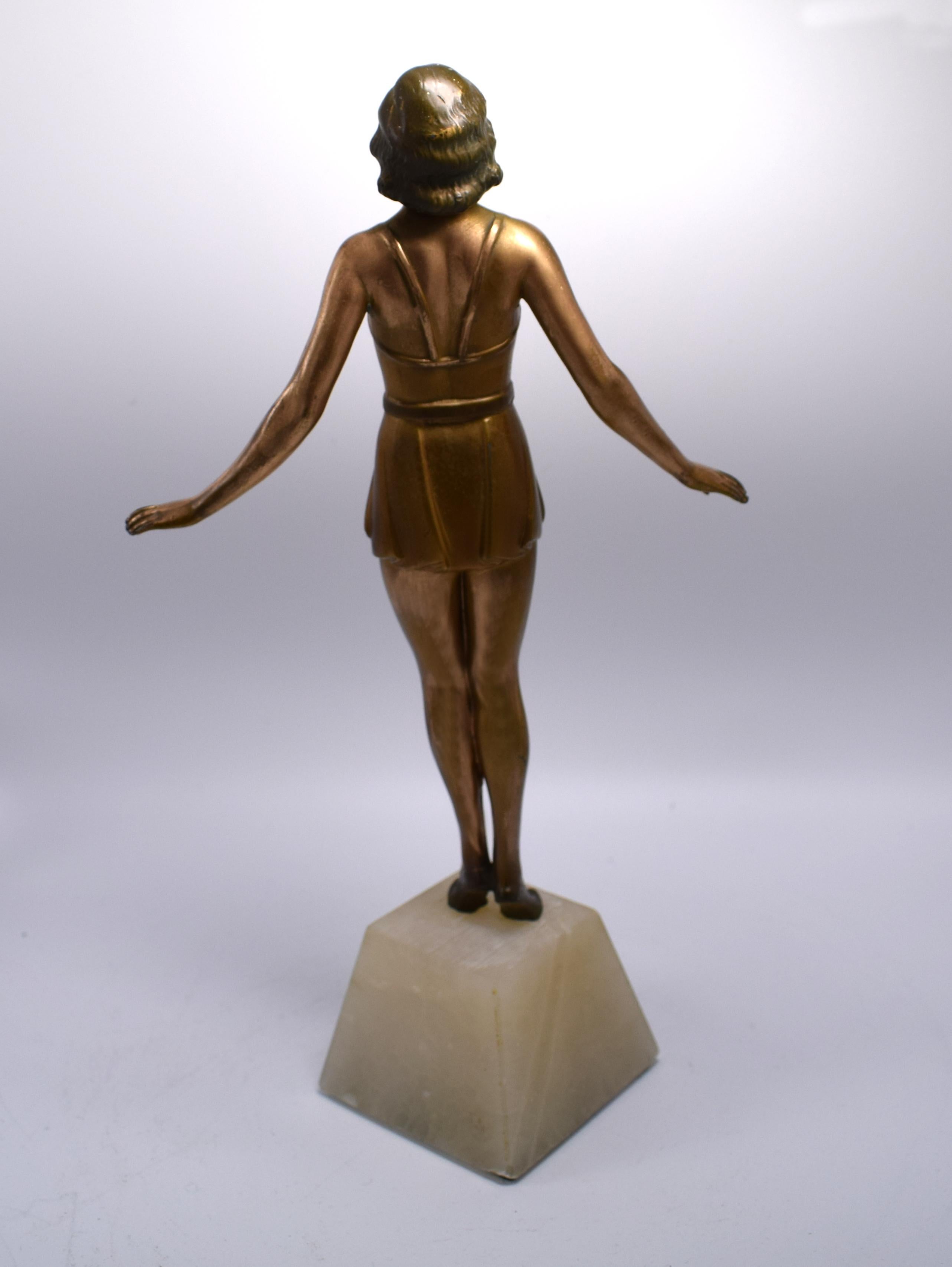 20th Century 1930s Art Deco Spelter Figural Lady on Alabaster Base
