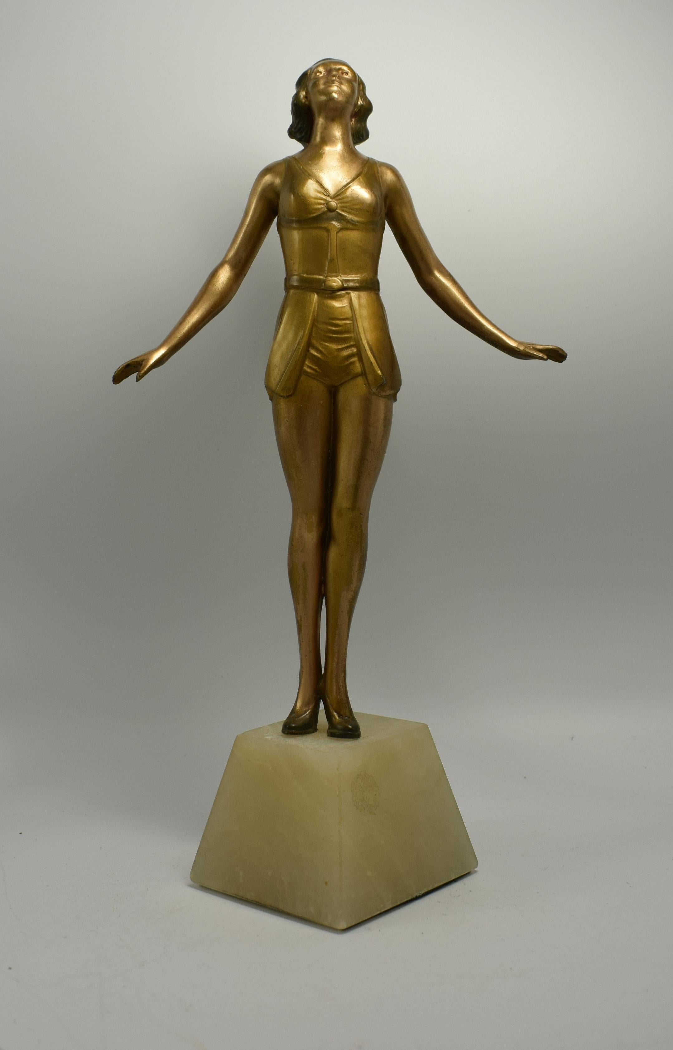 1930s Art Deco Spelter Figural Lady on Alabaster Base 1