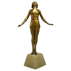 1930s Art Deco Spelter Figural Lady on Alabaster Base