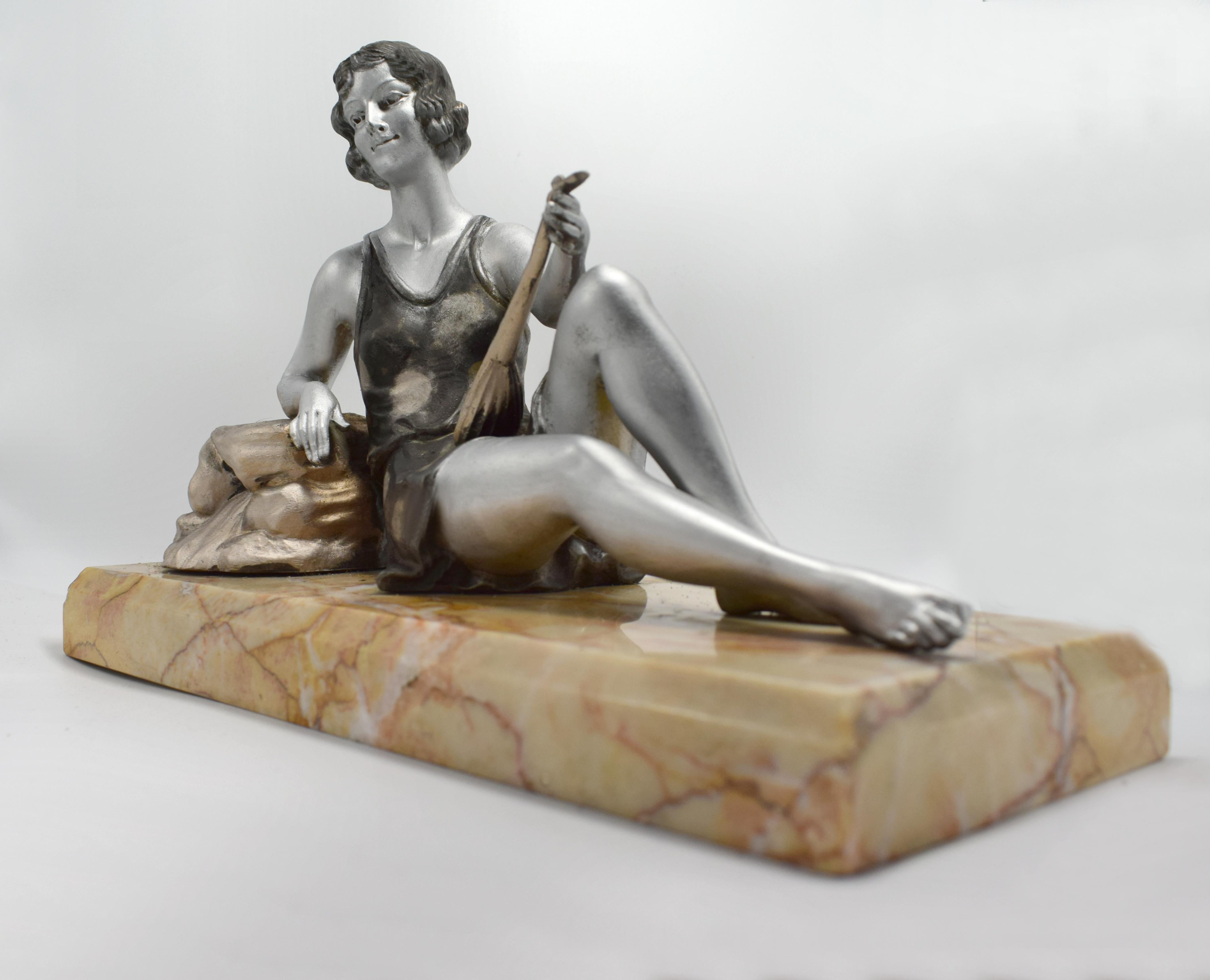 French 1930s Art Deco Spelter Figure 'Girl with Lute'