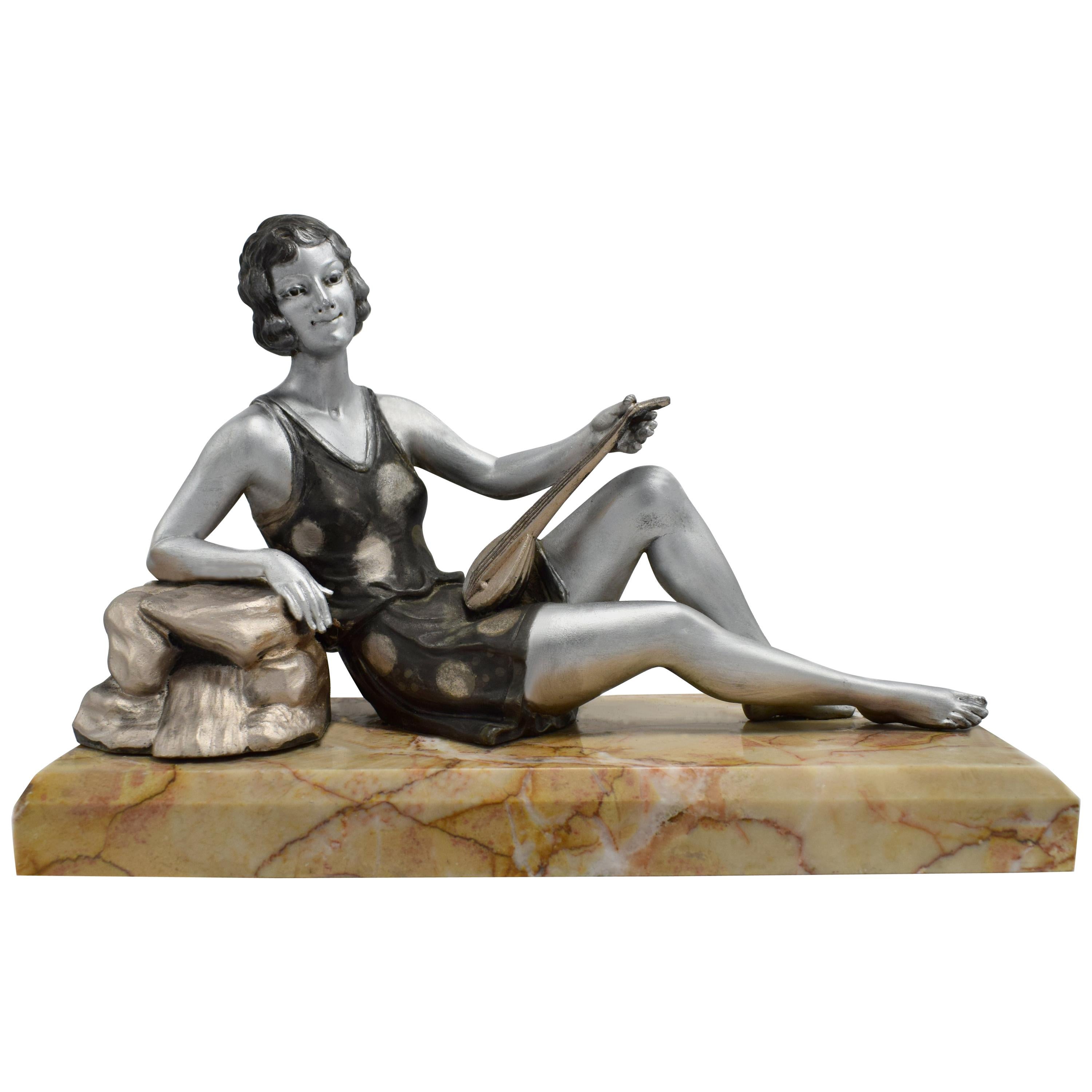 1930s Art Deco Spelter Figure 'Girl with Lute'