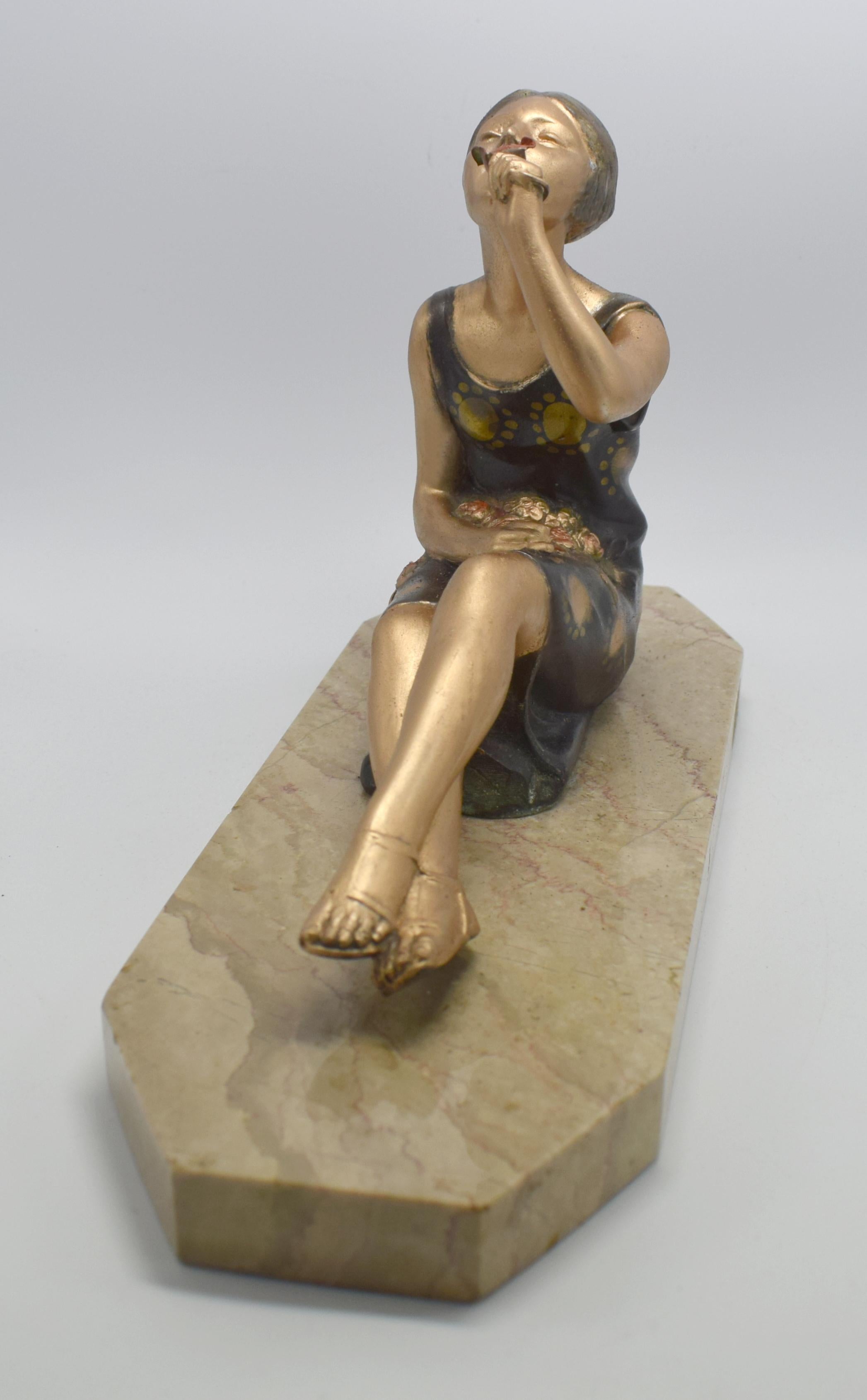 French 1930s Art Deco Spelter Figure 'Girl with Roses'