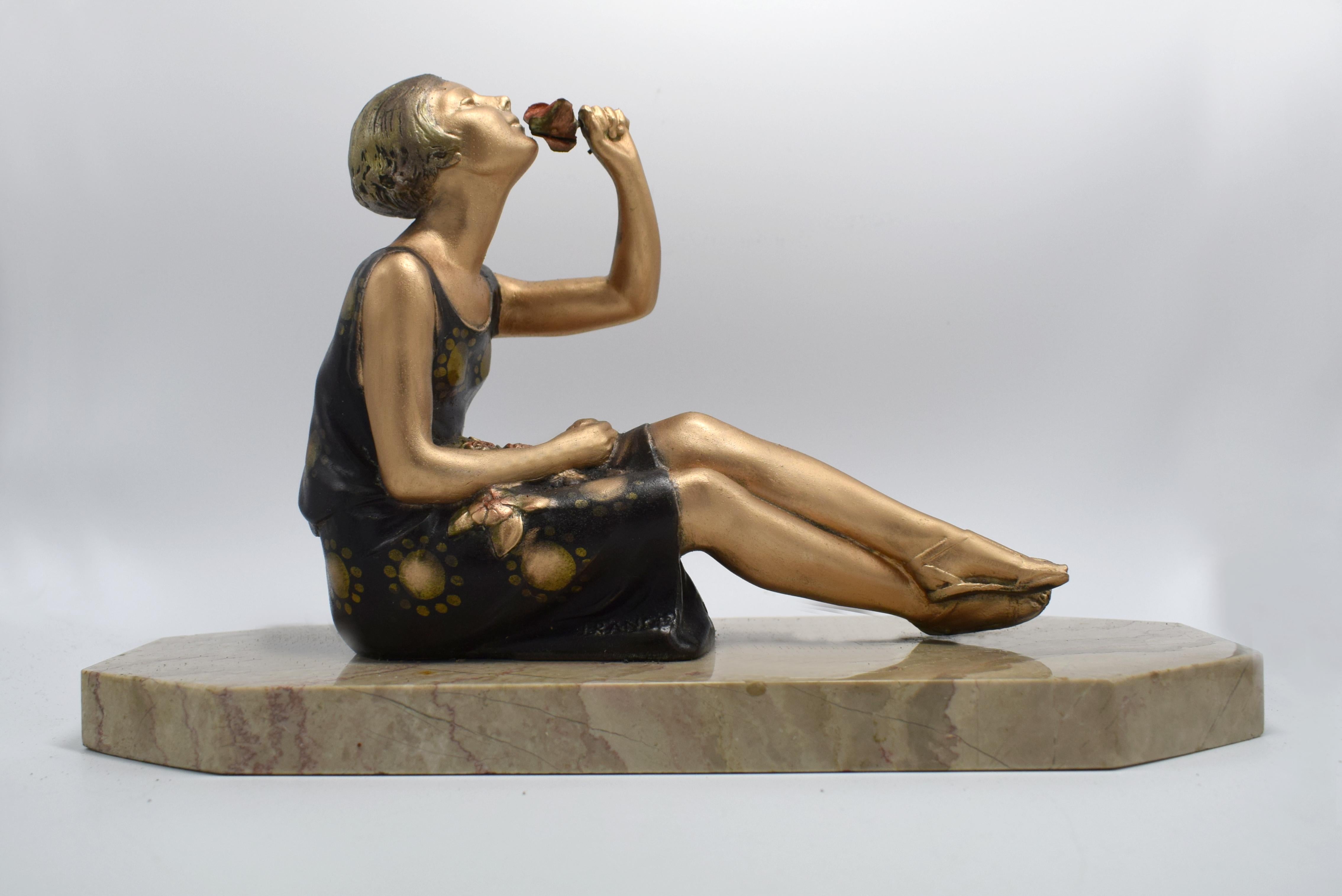 1930s Art Deco Spelter Figure 'Girl with Roses' 2