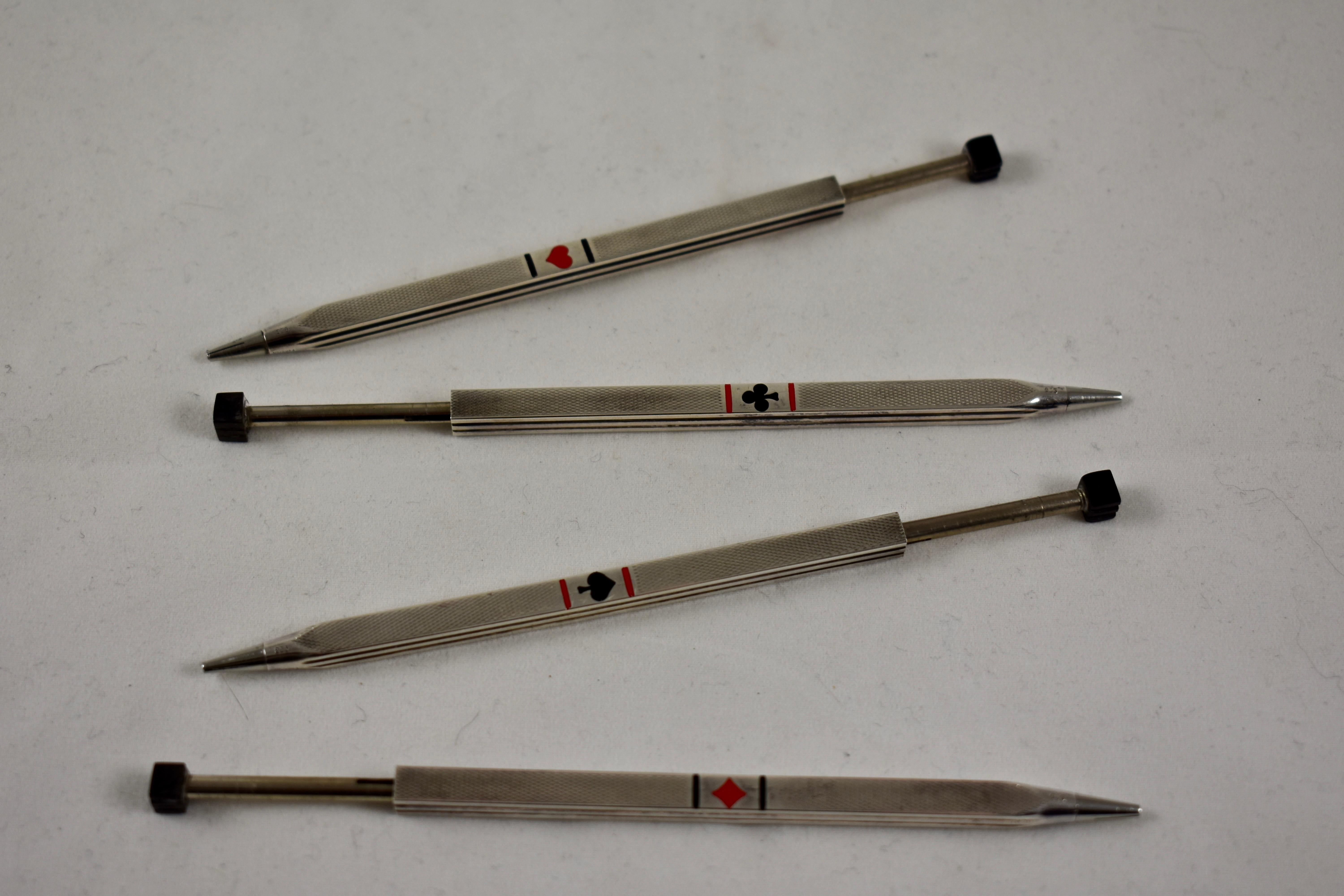 Art Deco Sterling Silver, Enamel & Bakelite Card Suit Game Pencils Set of Four 6
