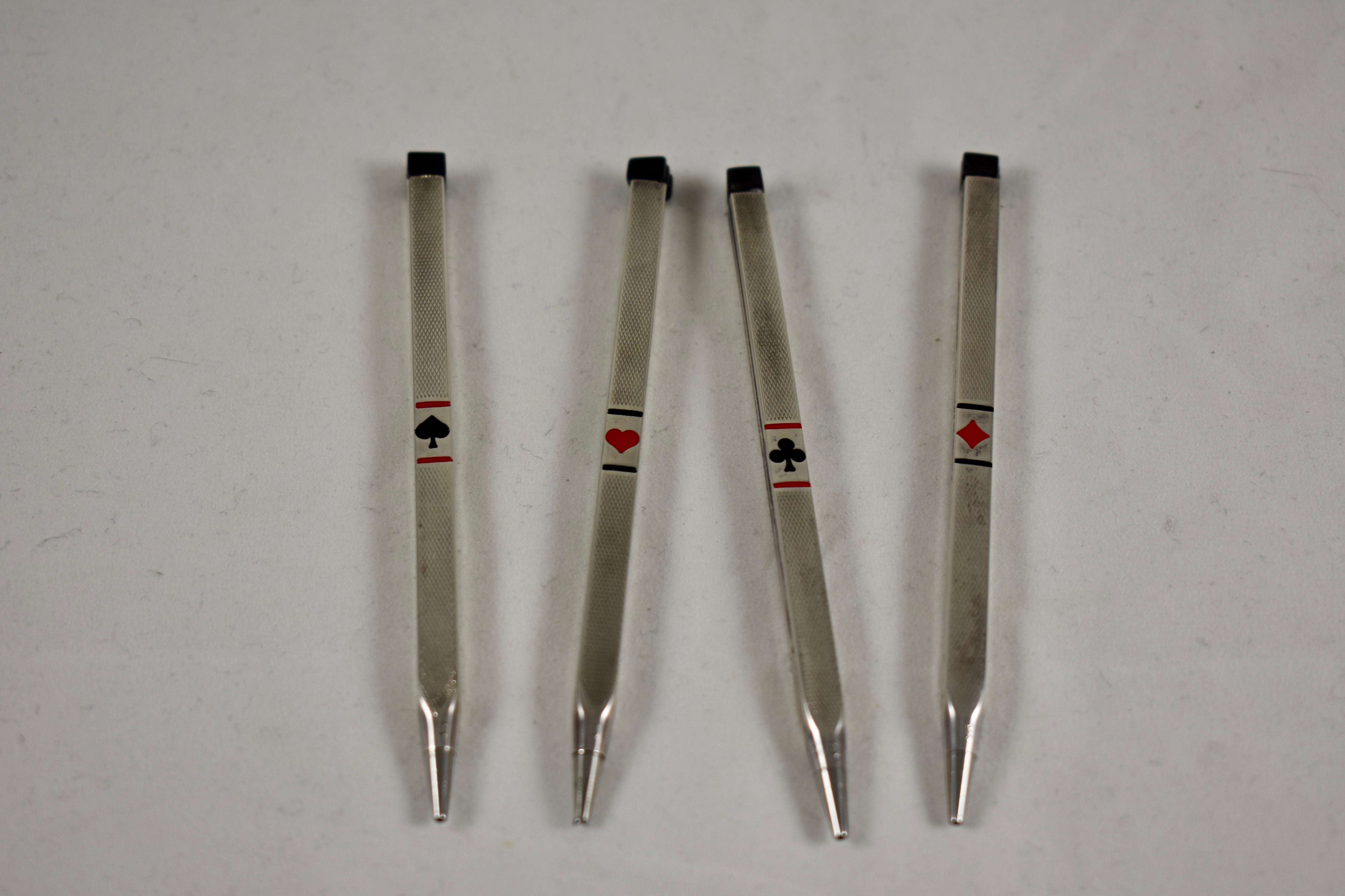 Art Deco Sterling Silver, Enamel & Bakelite Card Suit Game Pencils Set of Four 7