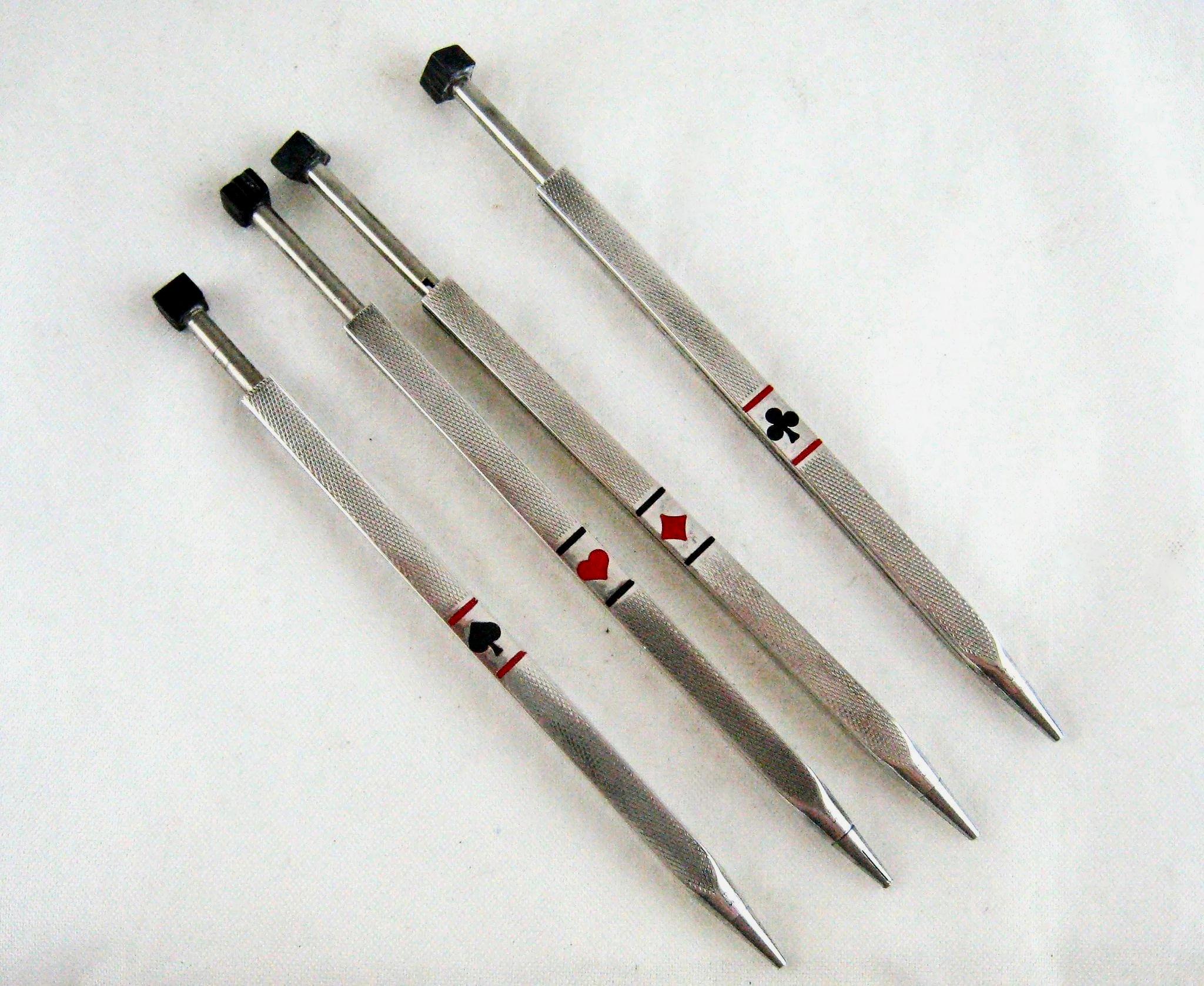 Art Deco Sterling Silver, Enamel & Bakelite Card Suit Game Pencils Set of Four 8