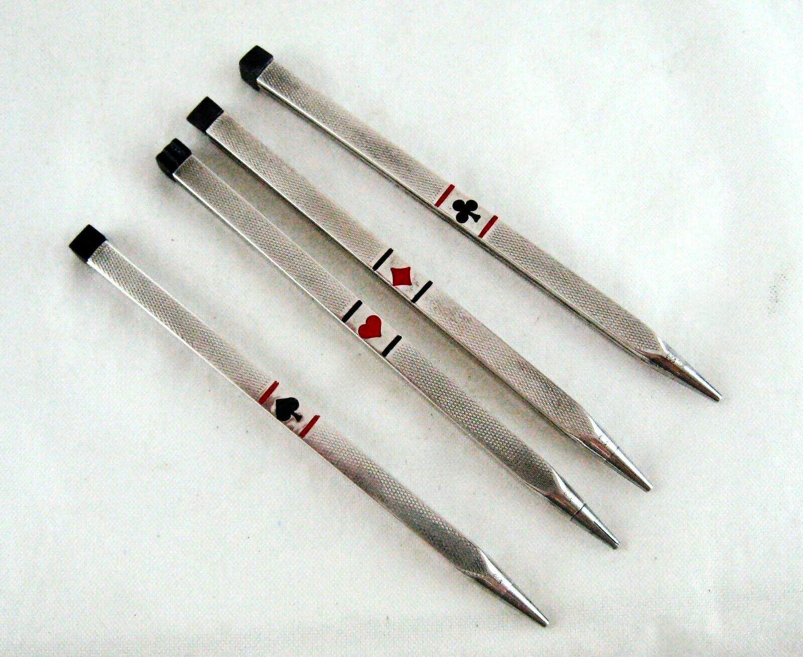 Art Deco Sterling Silver, Enamel & Bakelite Card Suit Game Pencils Set of Four 1