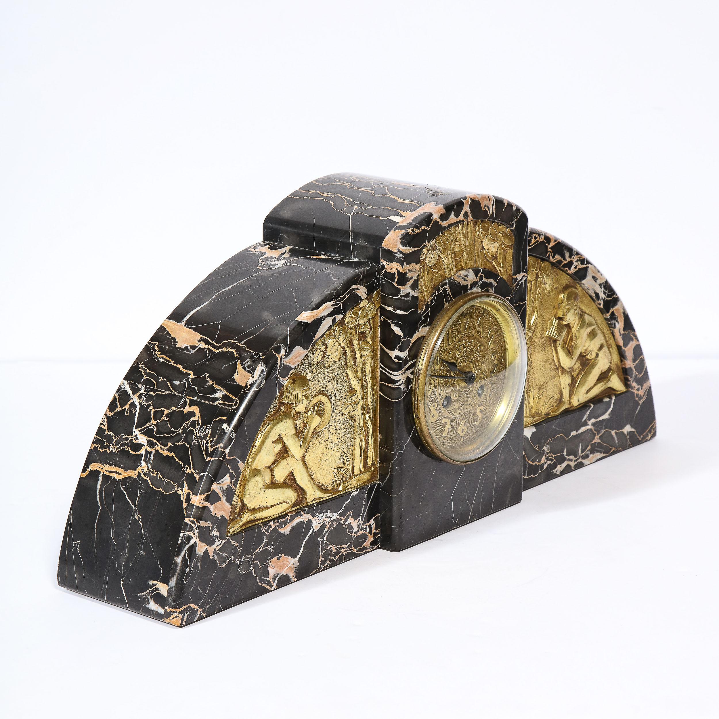 1930s Art Deco Streamlined Neoclassical Figurative Exotic Marble & Bronze Clock 8
