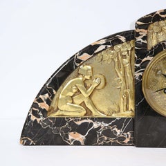 1930s Art Deco Streamlined Neoclassical Figurative Exotic Marble & Bronze Clock