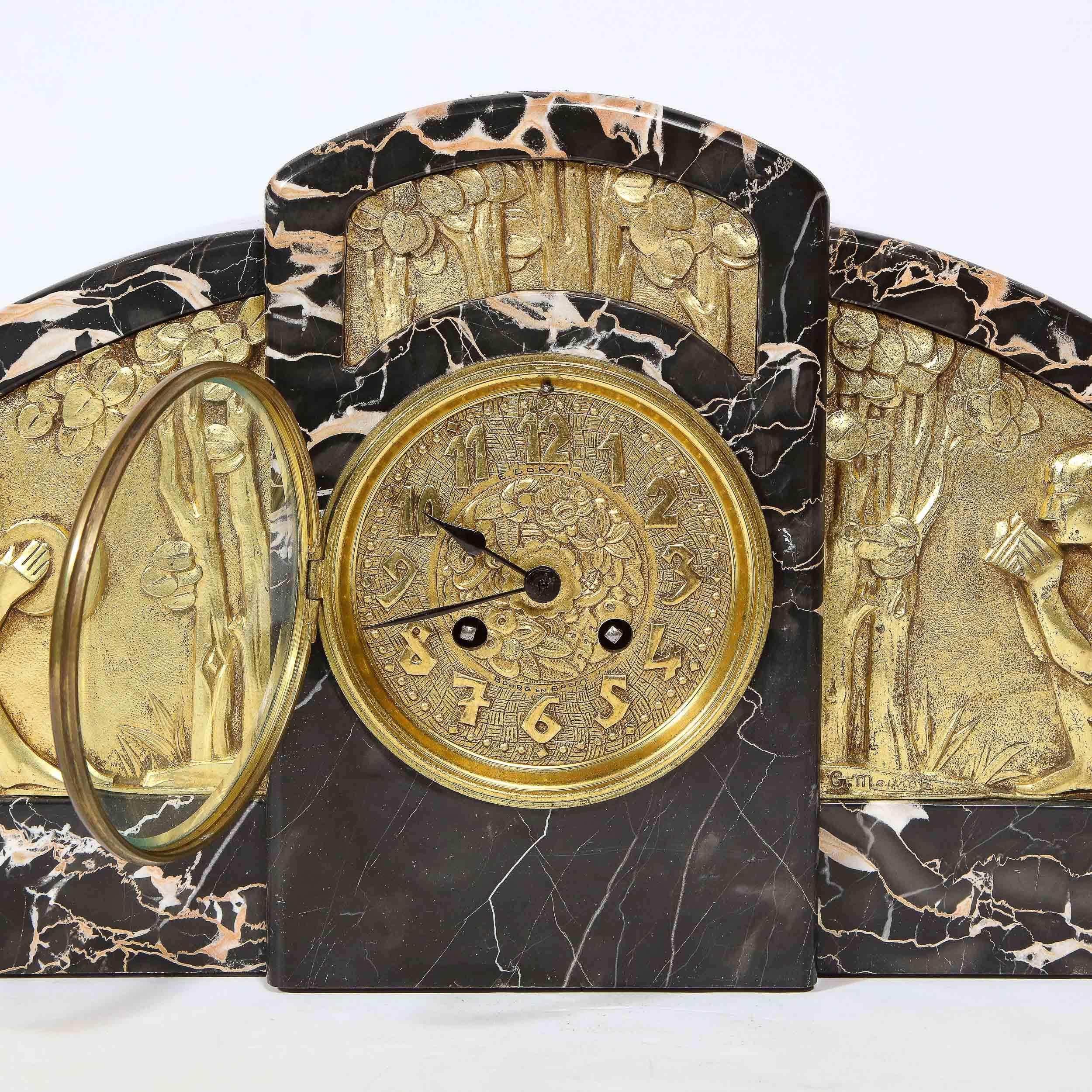 1930s Art Deco Streamlined Neoclassical Figurative Exotic Marble & Bronze Clock In Excellent Condition In New York, NY