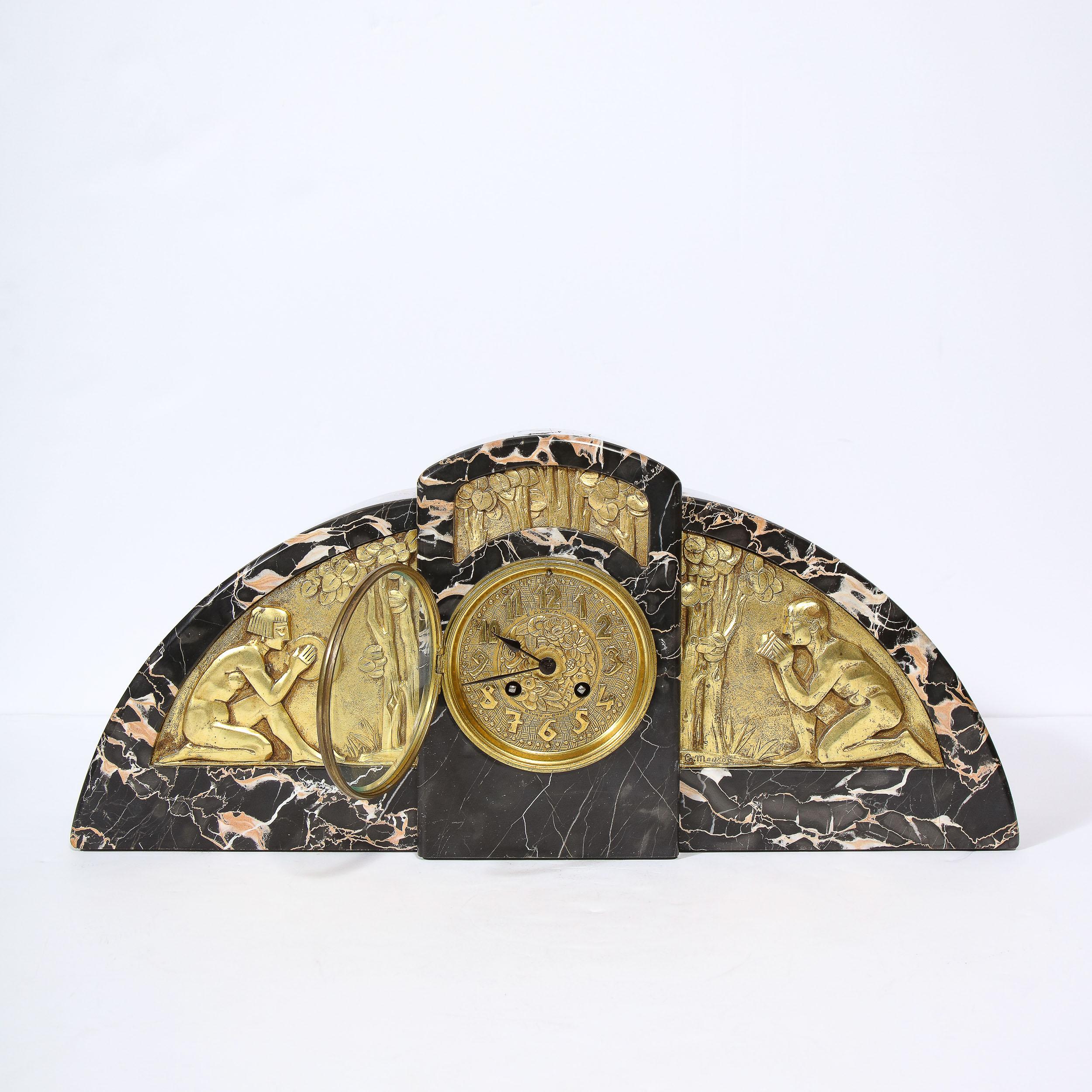 Mid-20th Century 1930s Art Deco Streamlined Neoclassical Figurative Exotic Marble & Bronze Clock