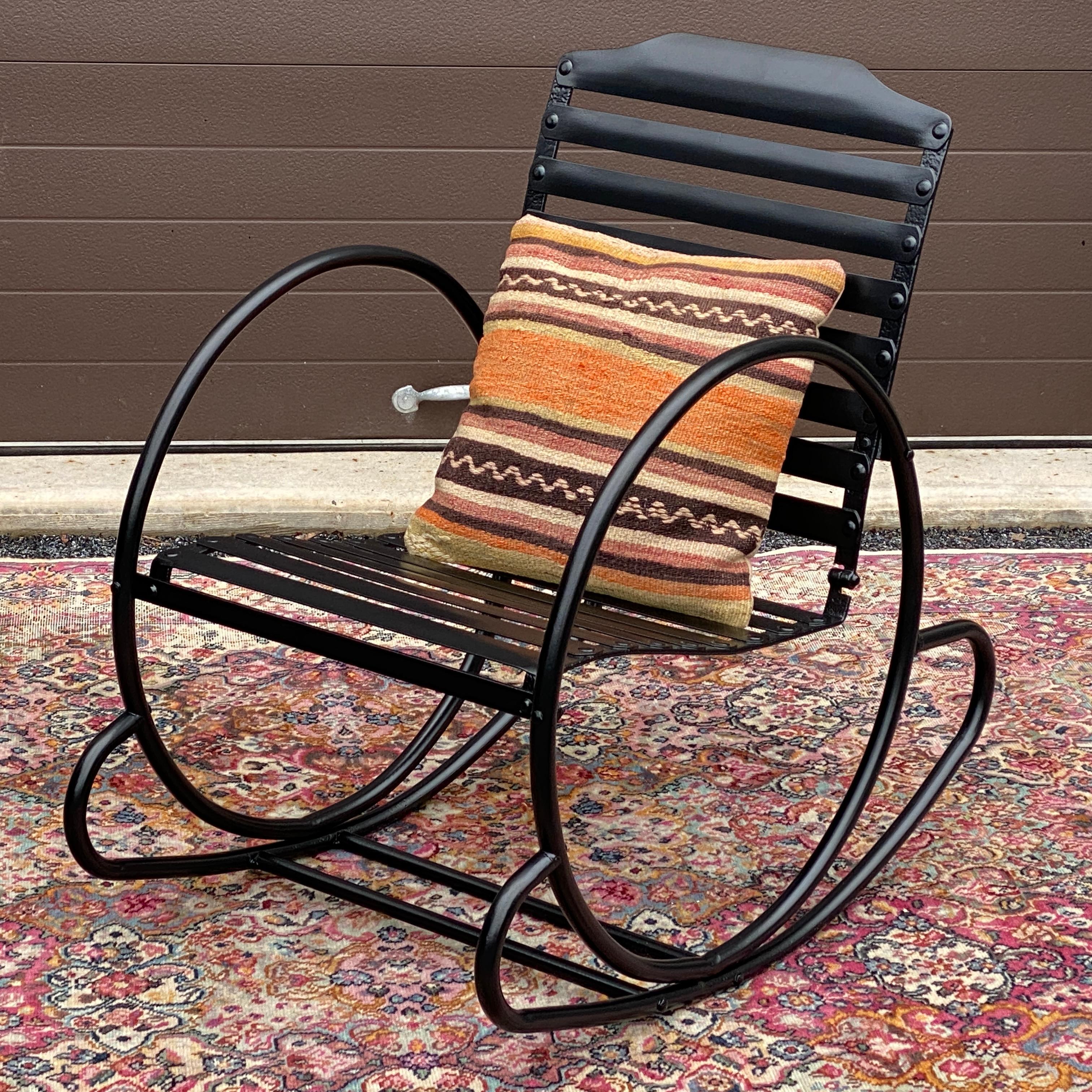 Mid-Century Modern 1930s Art Deco Streamlined Tubular Hoop Rocker Rocking Chair Restored in Black For Sale