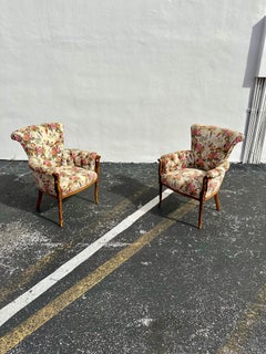 1930s Art Deco Gilt Carved Wood Tufted Schumacher Botanical Chairs, Set of 2