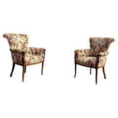 1930s Art Deco Gilt Carved Wood Tufted Schumacher Botanical Chairs, Set of 2