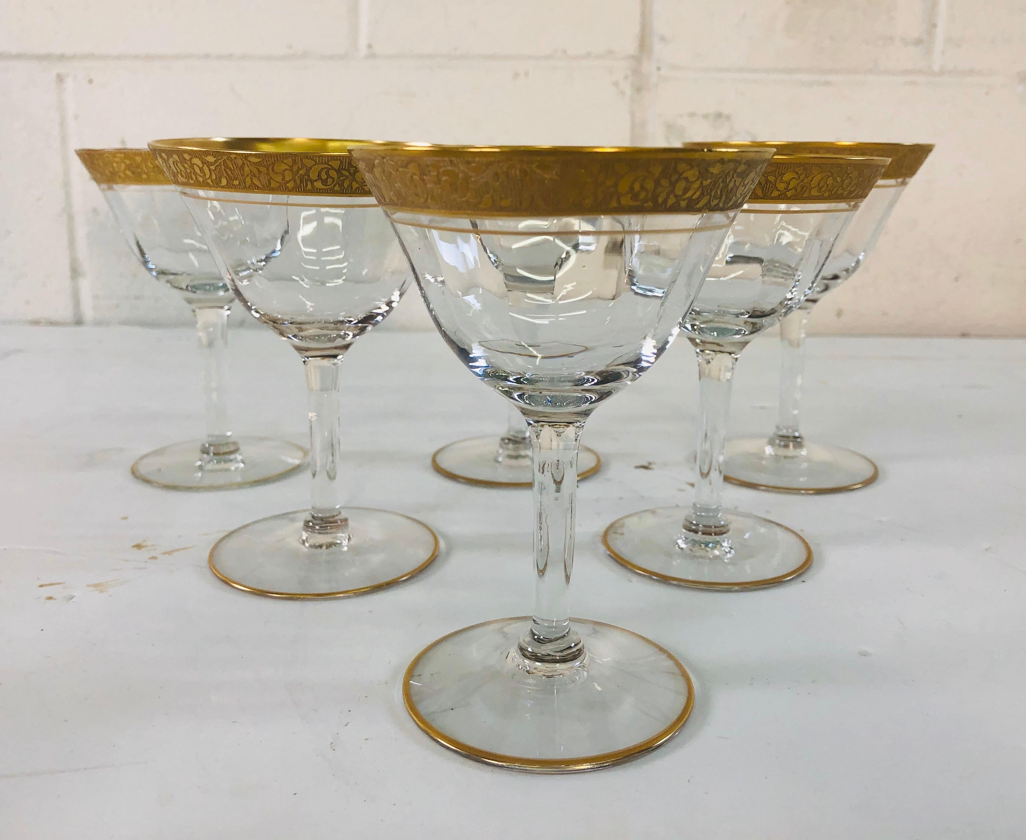 Vintage 1930s Art Deco style set of 6 Tiffin Glass gold rim rose designed coupe stems. Gold is in very good condition, one stem has a very small rim nick.