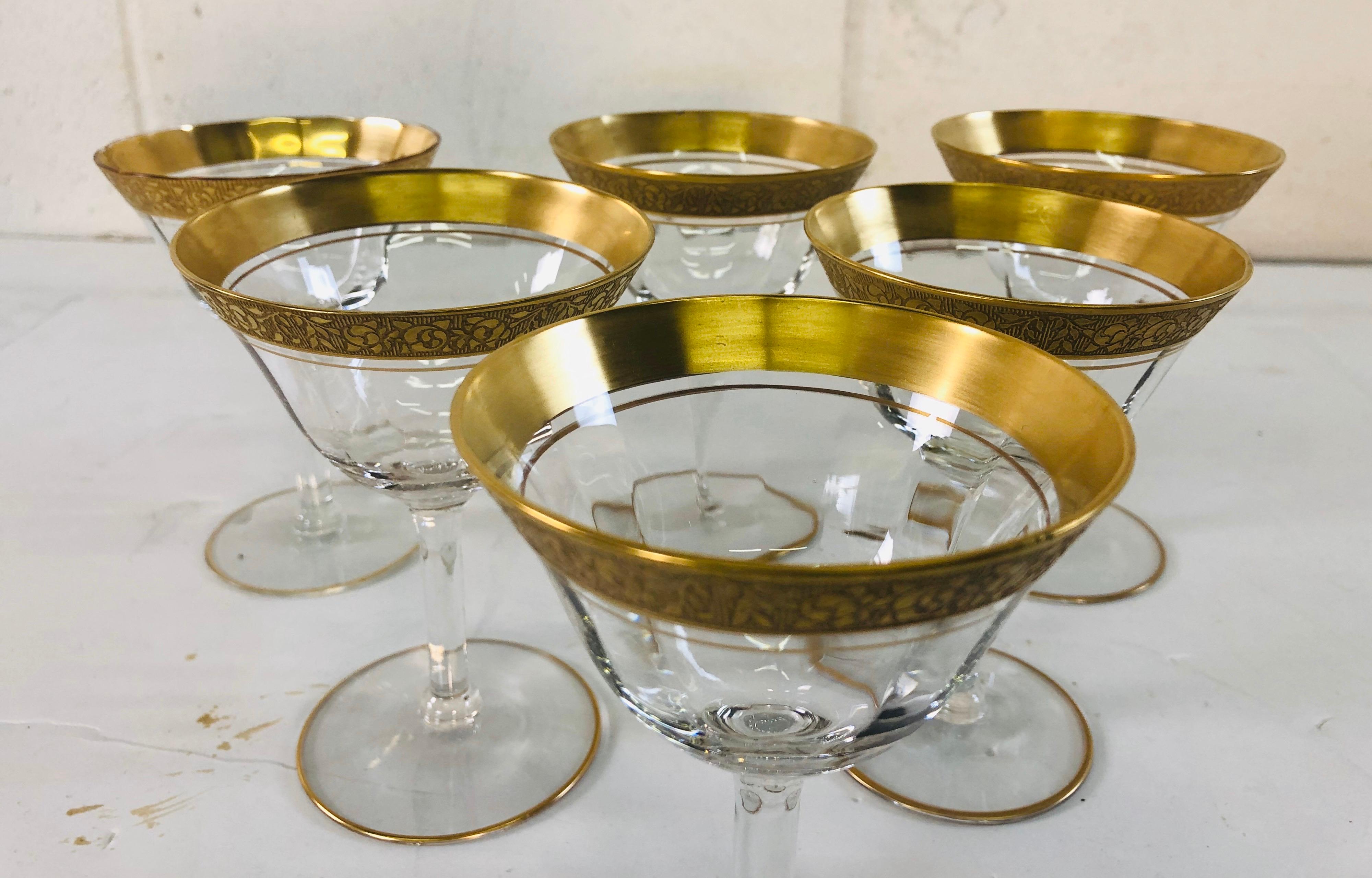 1930s Art Deco Style Tiffin Gold Rim Coupes, Set of 6 In Fair Condition For Sale In Amherst, NH