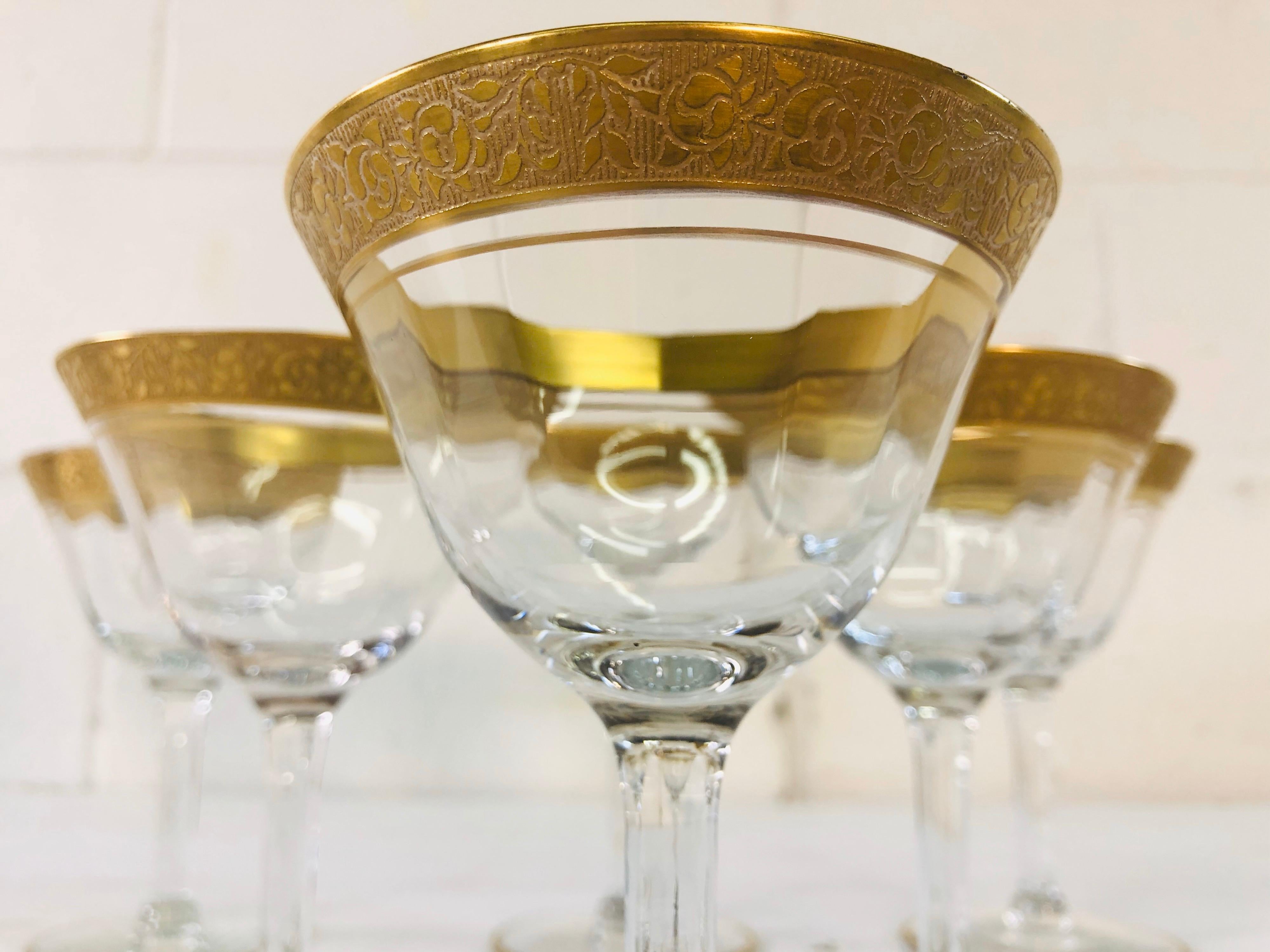 20th Century 1930s Art Deco Style Tiffin Gold Rim Coupes, Set of 6 For Sale