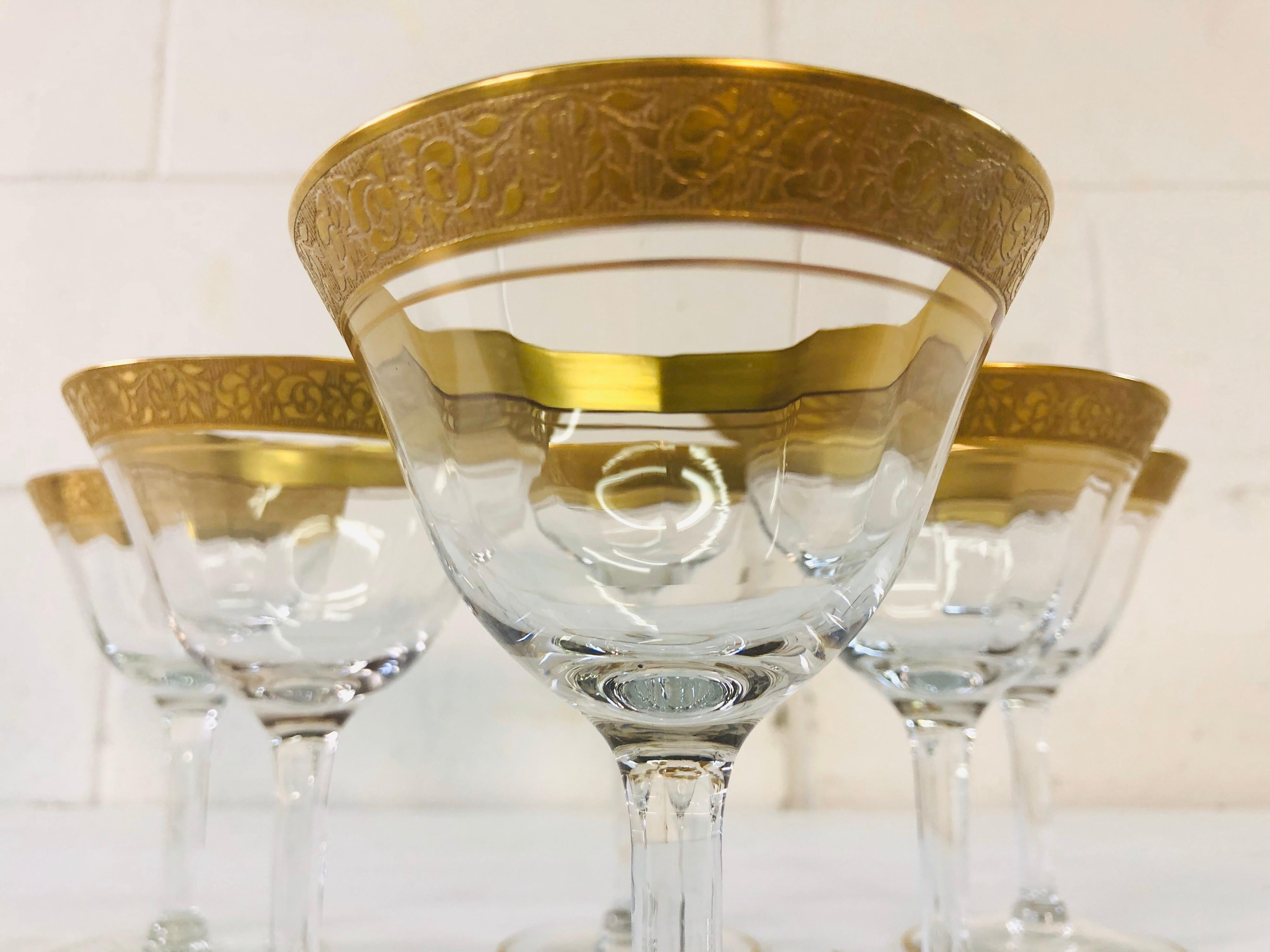 Glass 1930s Art Deco Style Tiffin Gold Rim Coupes, Set of 6 For Sale