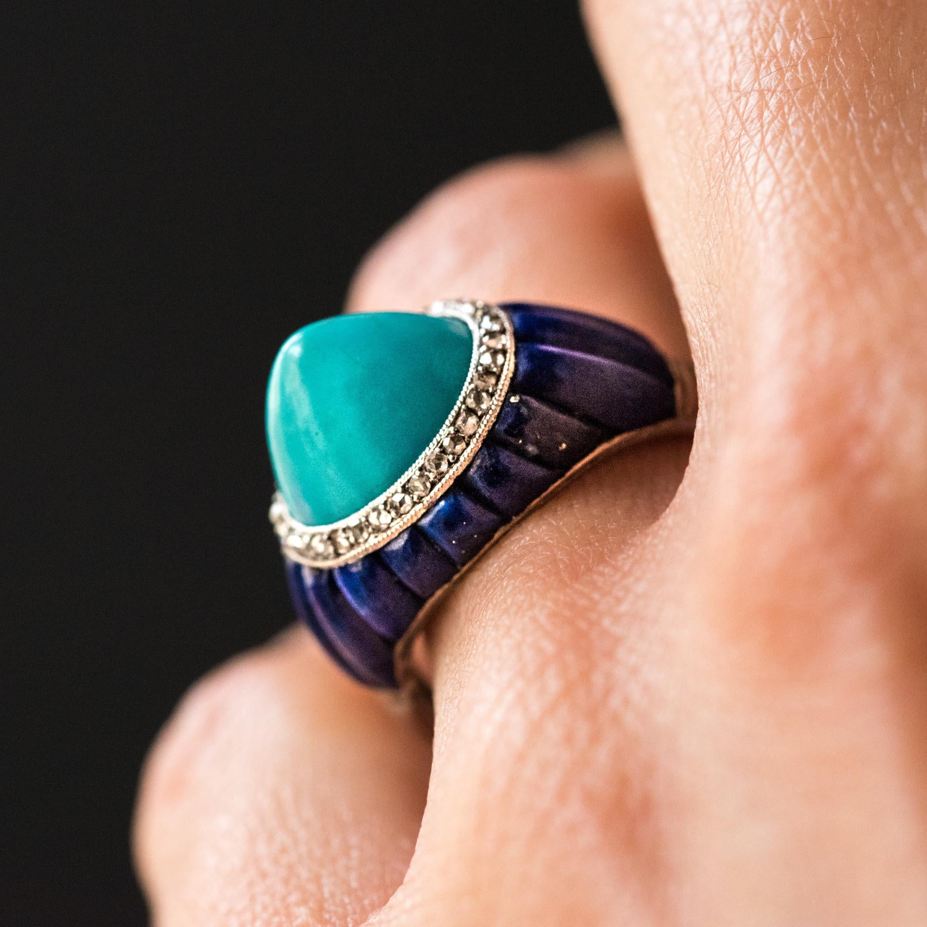 1930s Art Deco Sugarloaf Turquoise Lapis Lazuli Diamonds Platinum Ring 3
