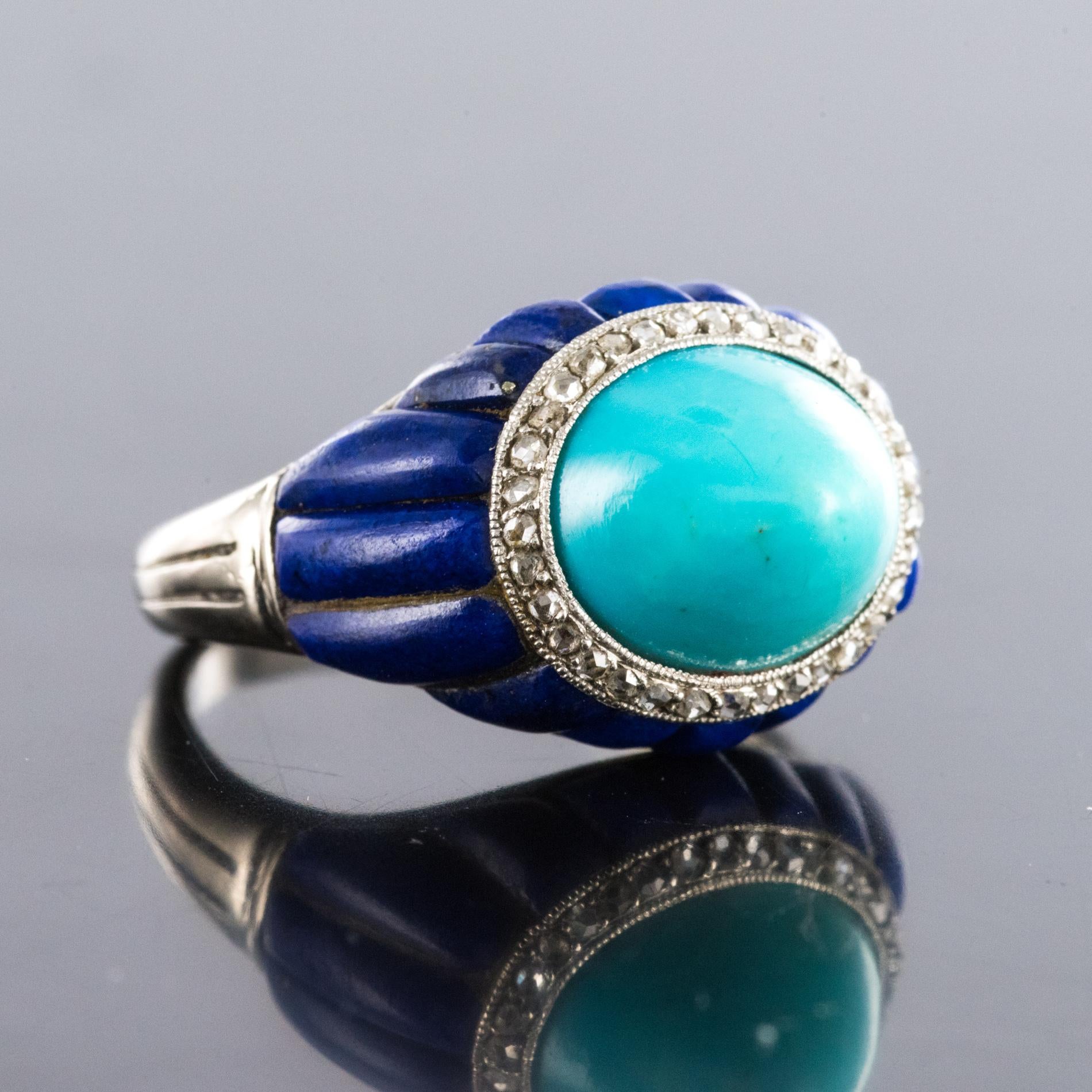 1930s Art Deco Sugarloaf Turquoise Lapis Lazuli Diamonds Platinum Ring 4