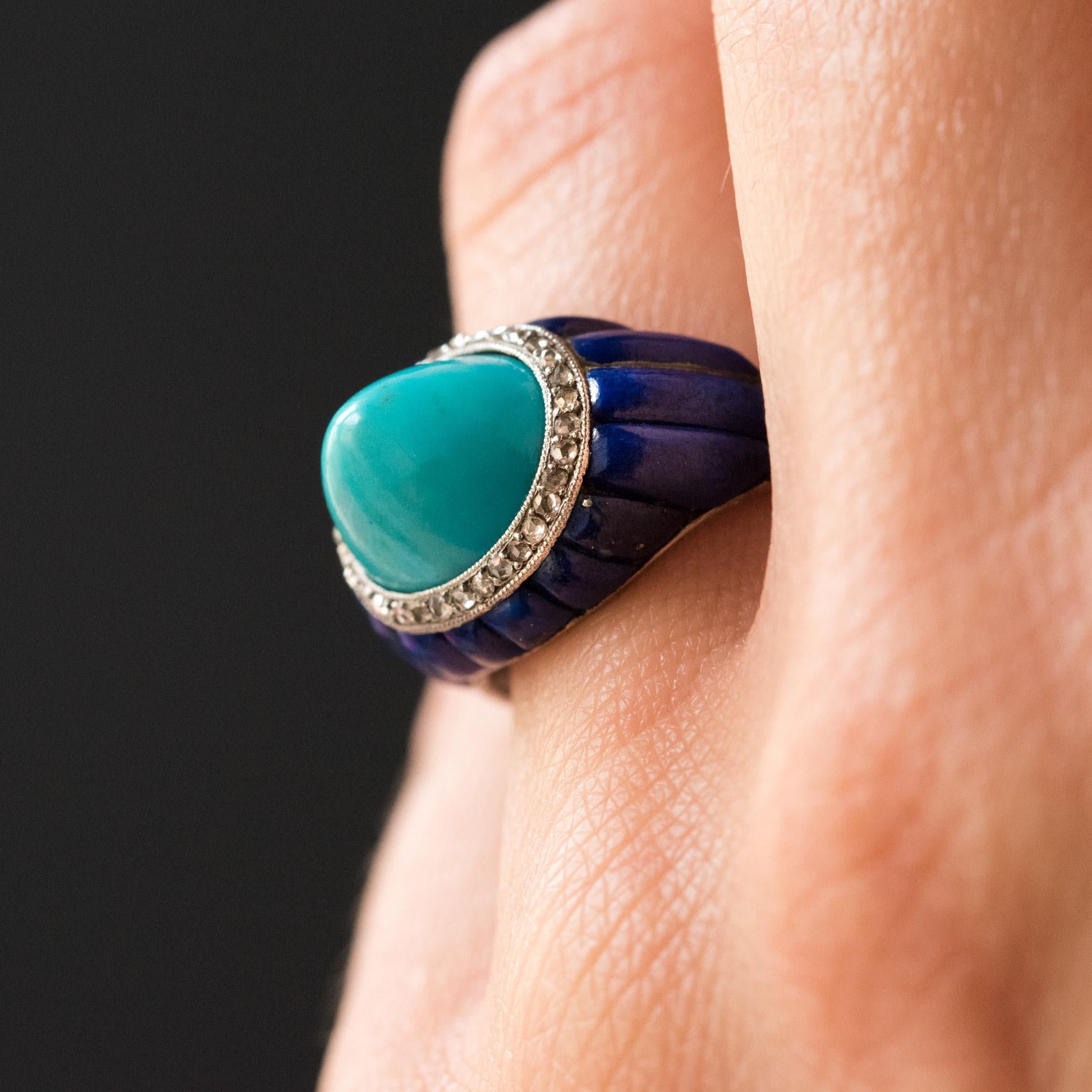 1930s Art Deco Sugarloaf Turquoise Lapis Lazuli Diamonds Platinum Ring 5