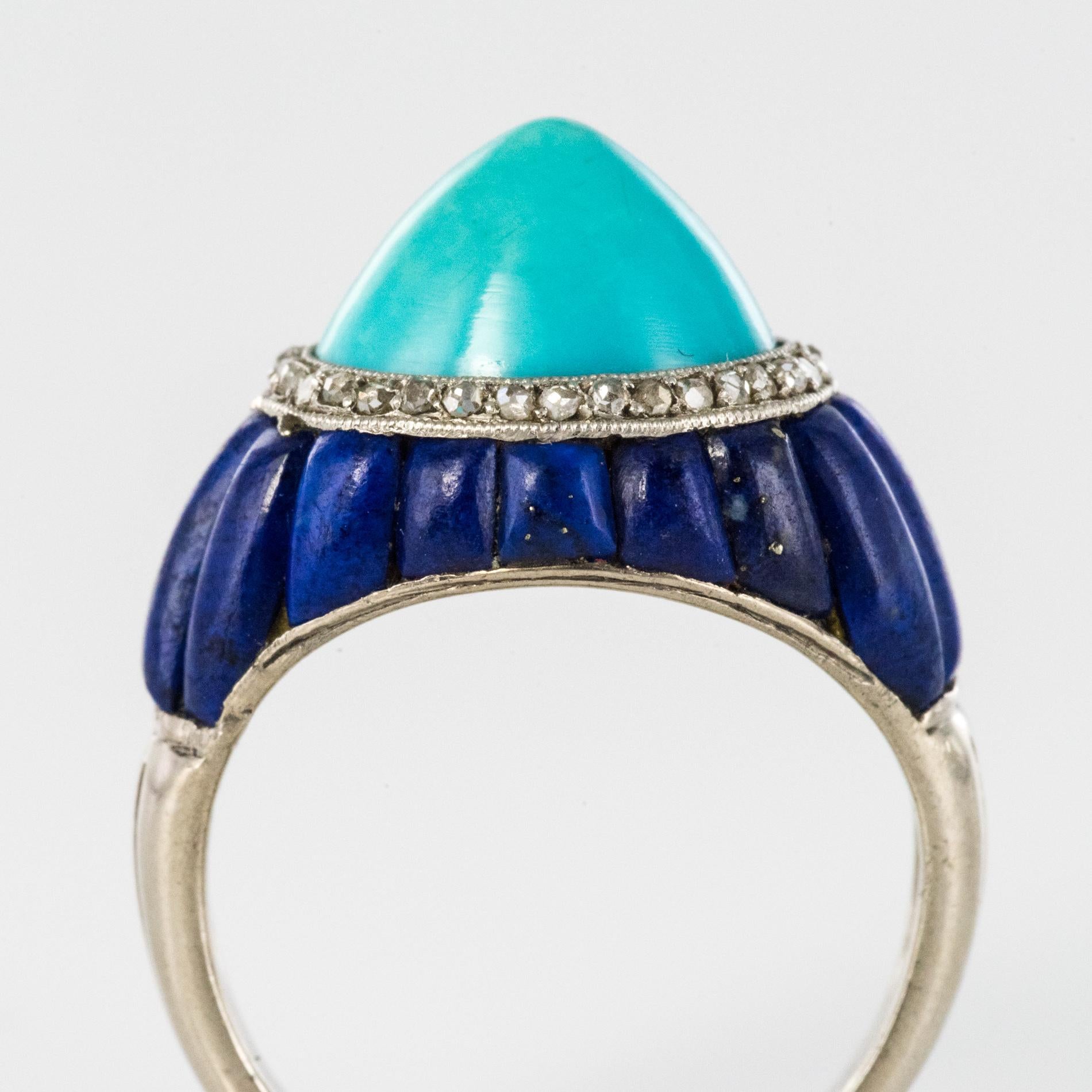 1930s Art Deco Sugarloaf Turquoise Lapis Lazuli Diamonds Platinum Ring 6